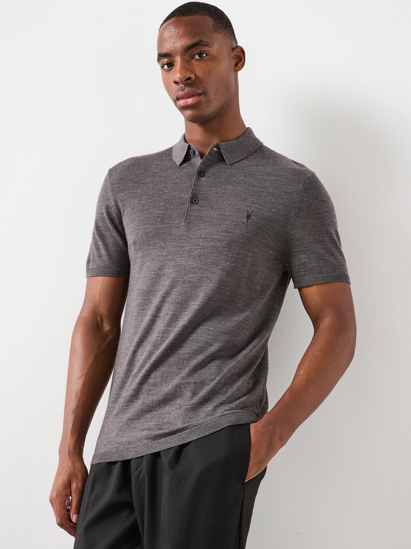 AllSaints Mode Merino Short Sleeve Polo Shirt - Grey