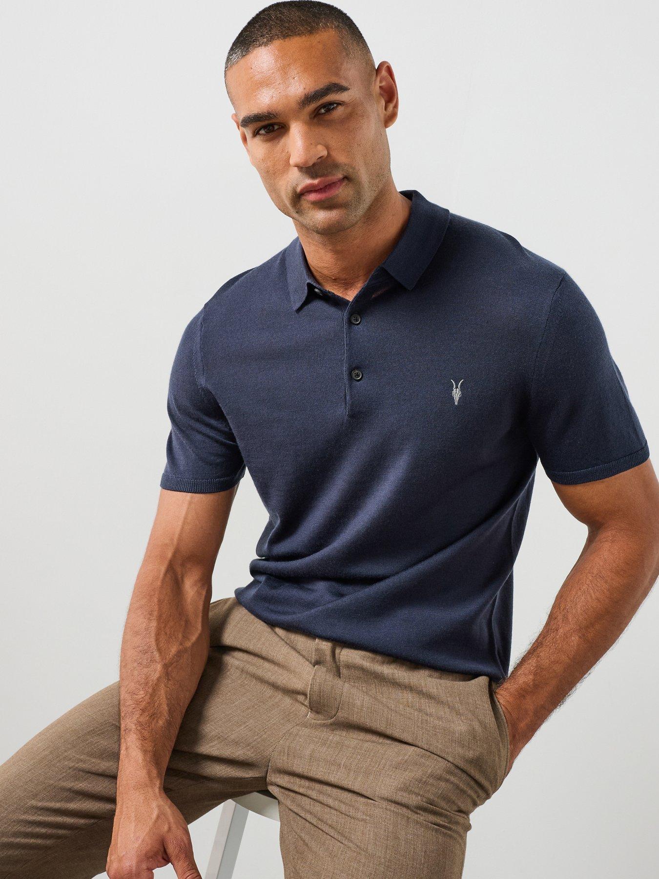 Image 1 of 6 of AllSaints All Saints Mode Merino Short Sleeve Polo Shirt - Navy