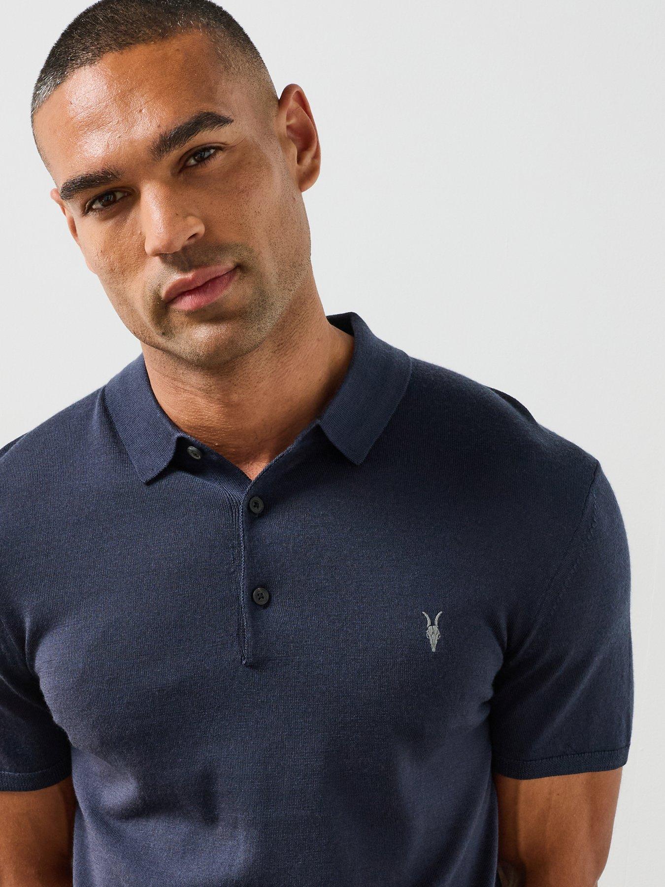Image 4 of 6 of AllSaints All Saints Mode Merino Short Sleeve Polo Shirt - Navy