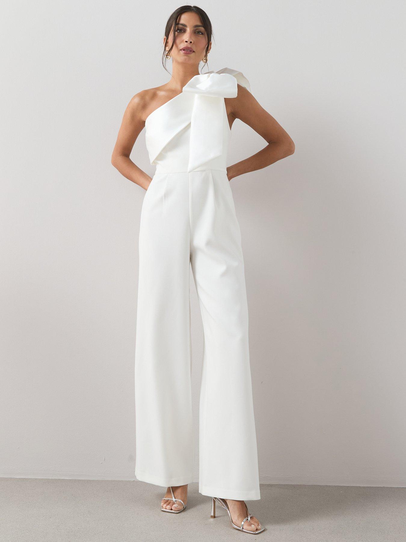 Image 1 of 5 of The Very Collection Bow Detail One Shoulder Jumpsuit - White