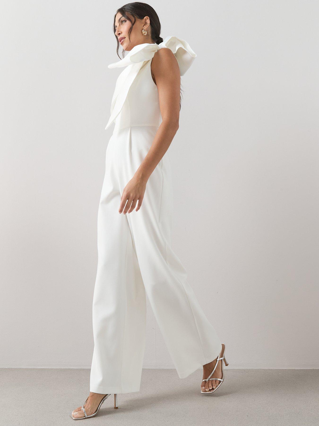 Image 3 of 5 of The Very Collection Bow Detail One Shoulder Jumpsuit - White