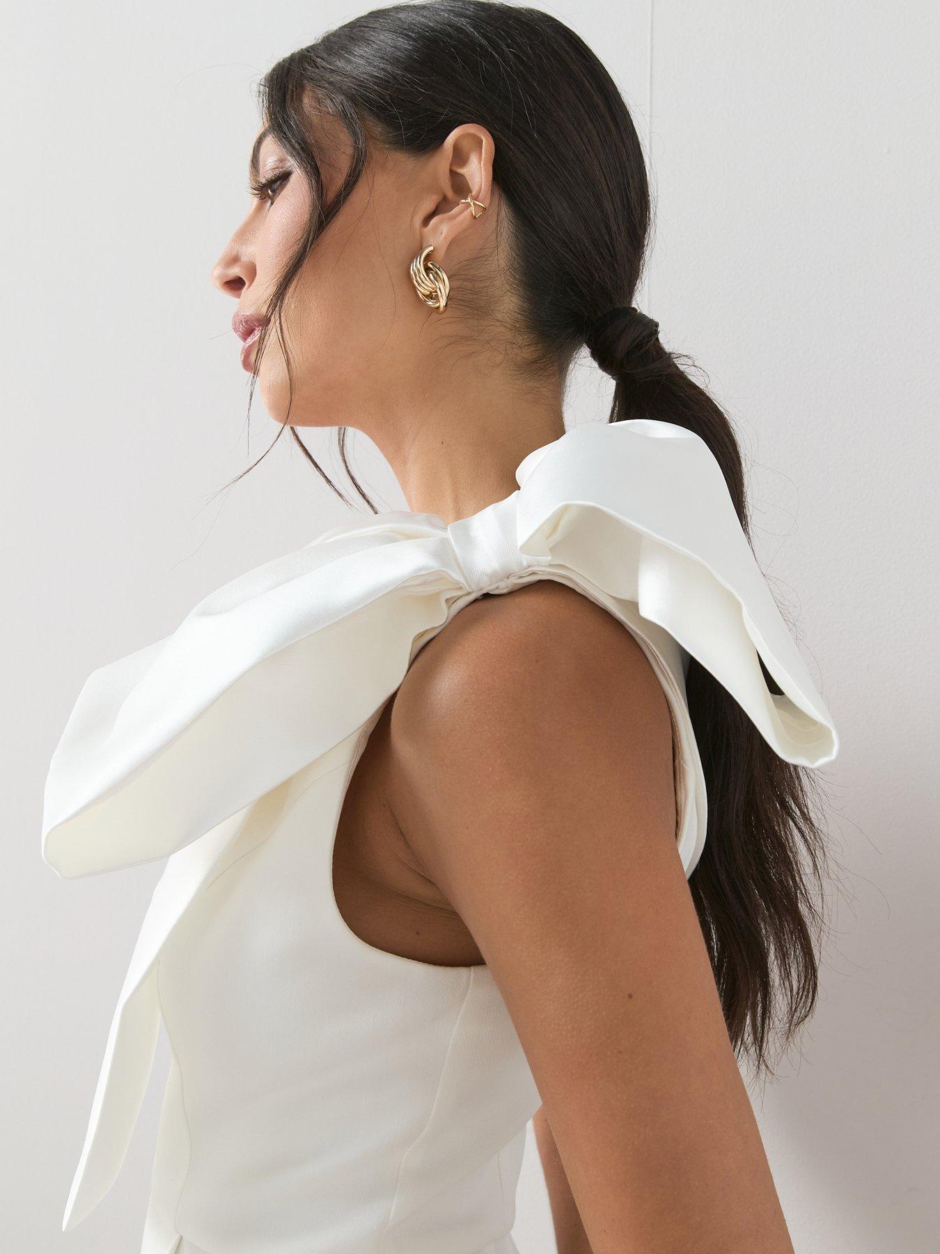 Image 5 of 5 of The Very Collection Bow Detail One Shoulder Jumpsuit - White