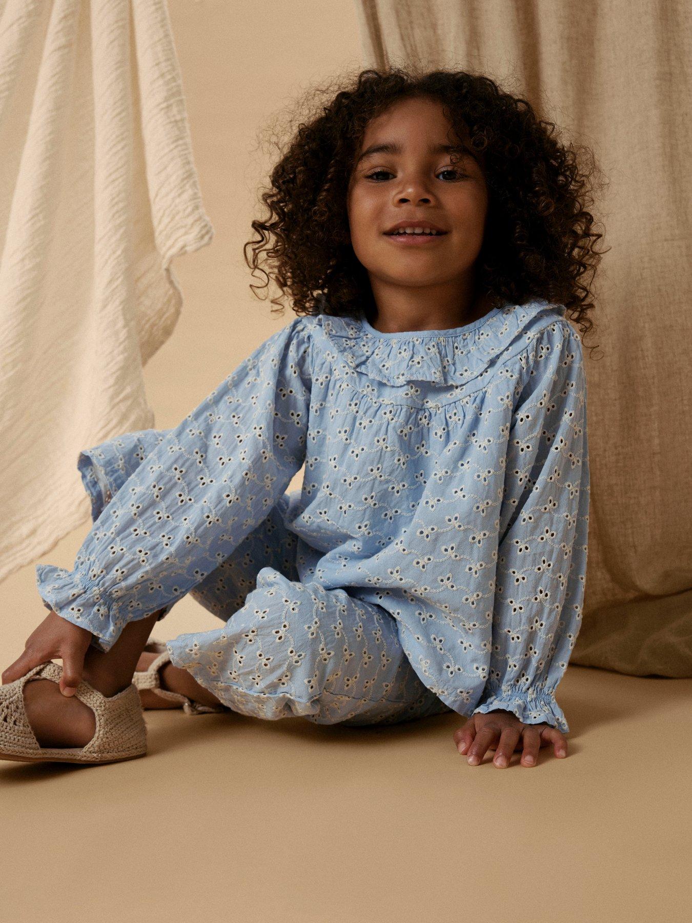 Image 1 of 5 of Lil Atelier Mini Girls Long Sleeve Co-ord Broderie Anglais Blouse - Light Blue