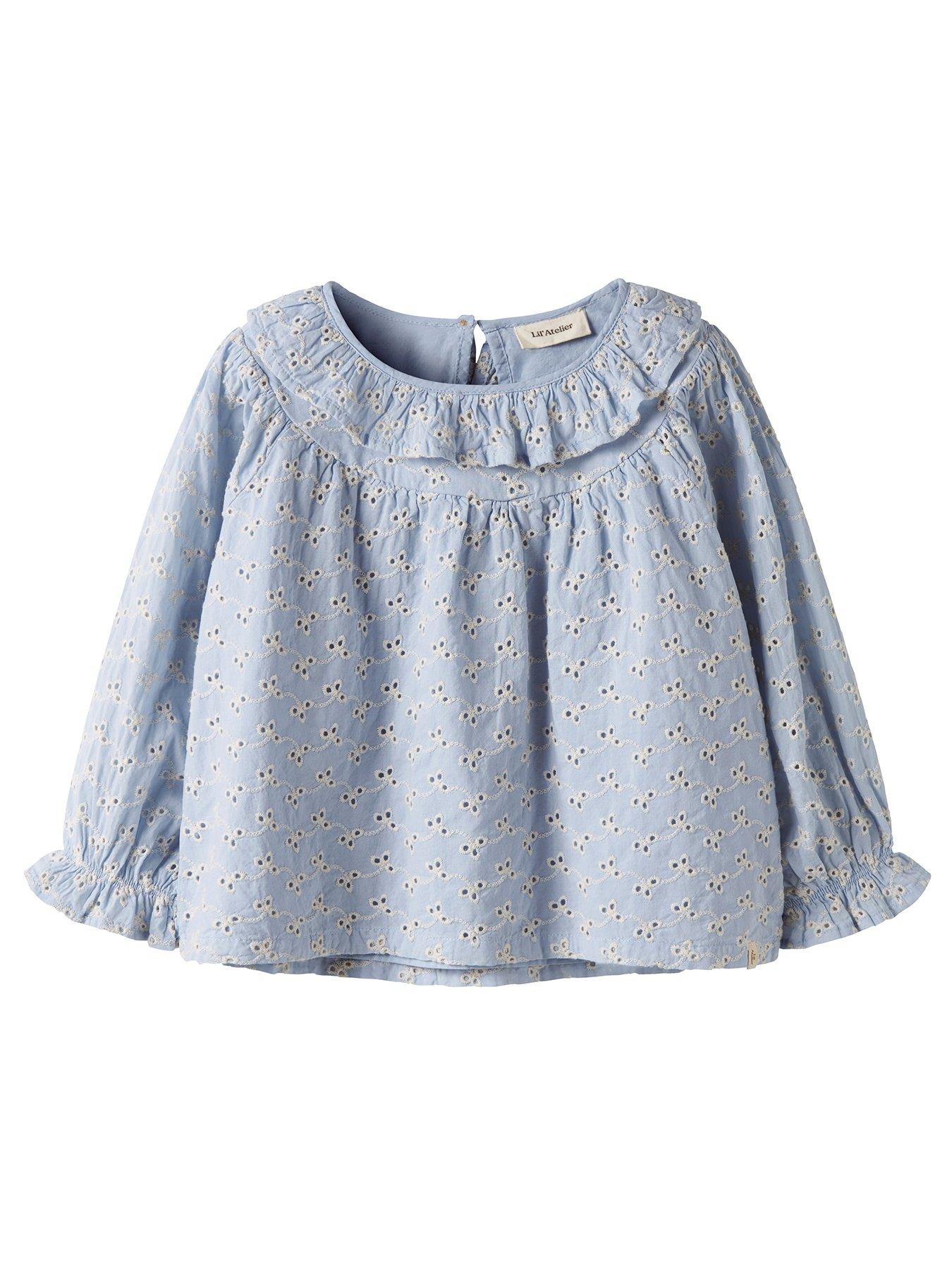Image 2 of 5 of Lil Atelier Mini Girls Long Sleeve Co-ord Broderie Anglais Blouse - Light Blue