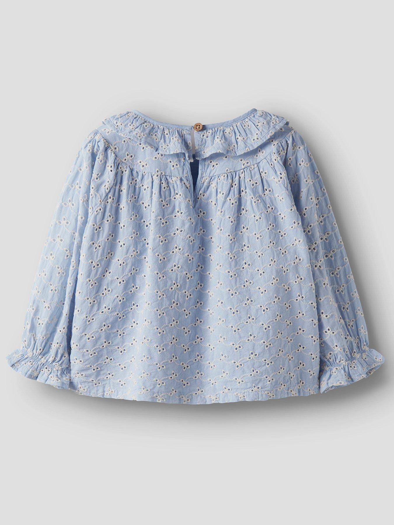 Image 3 of 5 of Lil Atelier Mini Girls Long Sleeve Co-ord Broderie Anglais Blouse - Light Blue