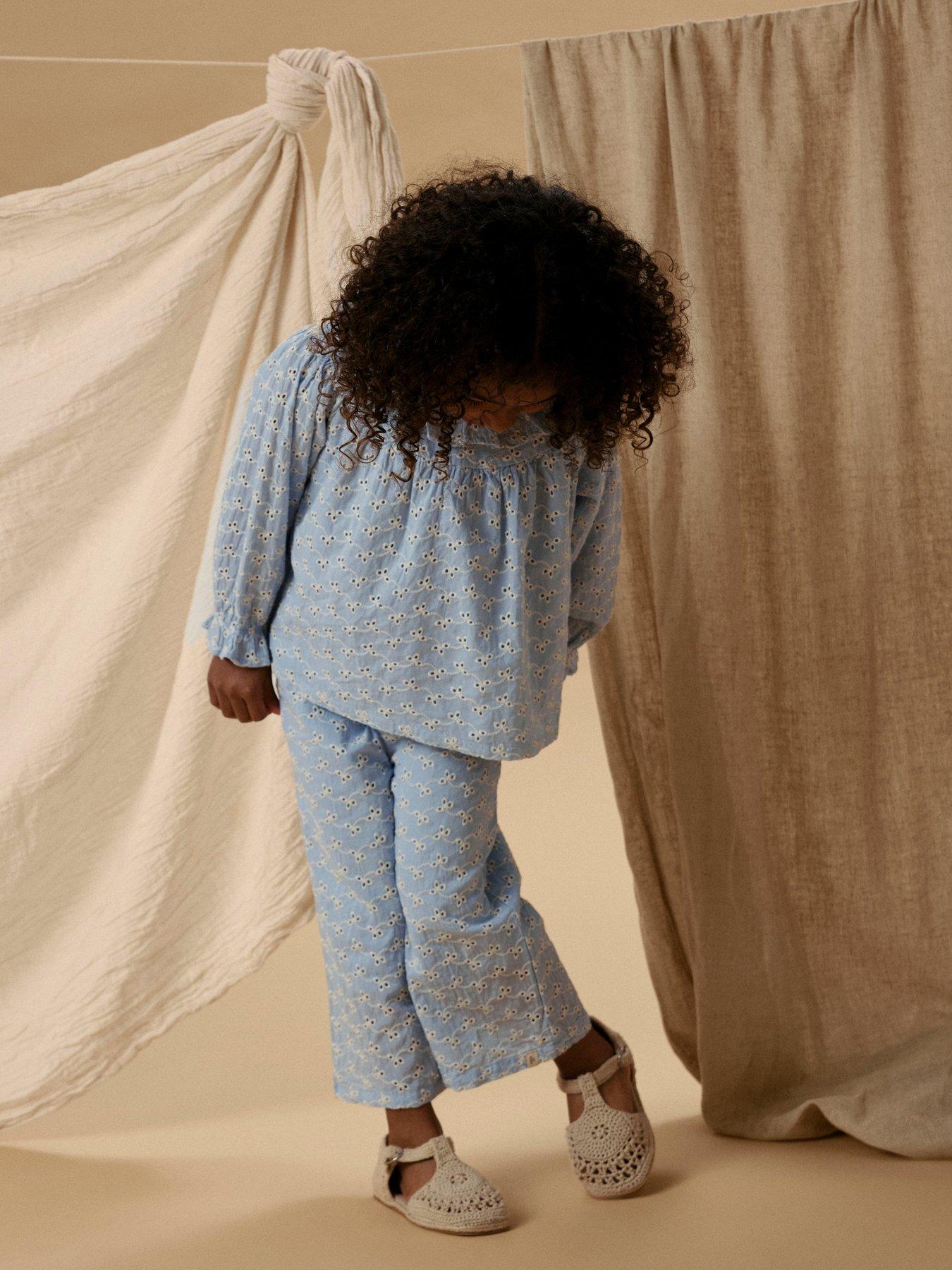 Image 4 of 5 of Lil Atelier Mini Girls Long Sleeve Co-ord Broderie Anglais Blouse - Light Blue