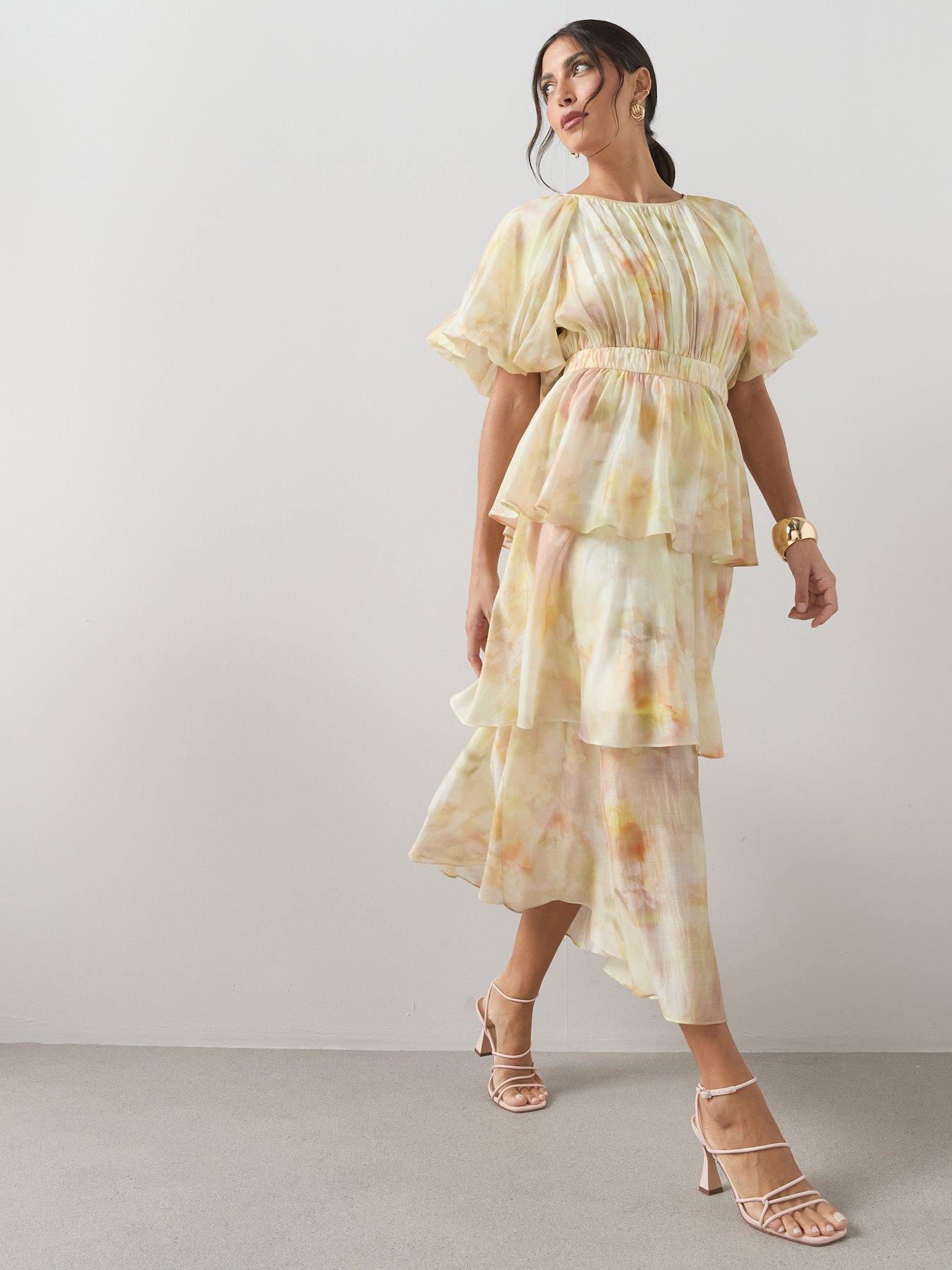 Image 1 of 6 of The Very Collection Short Sleeve Waist Detail Tiered Midi Dress - Print