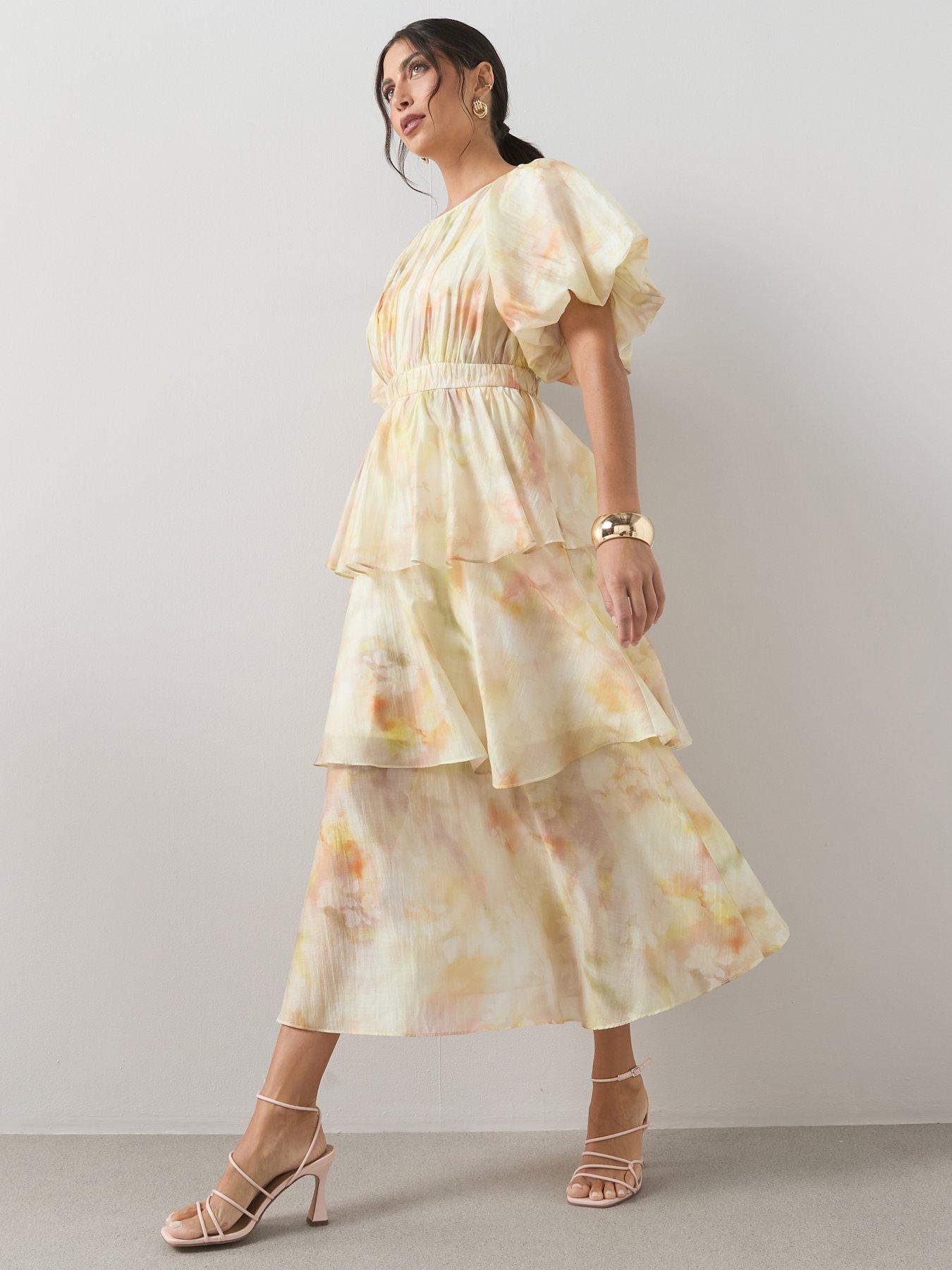 Image 3 of 6 of The Very Collection Short Sleeve Waist Detail Tiered Midi Dress - Print