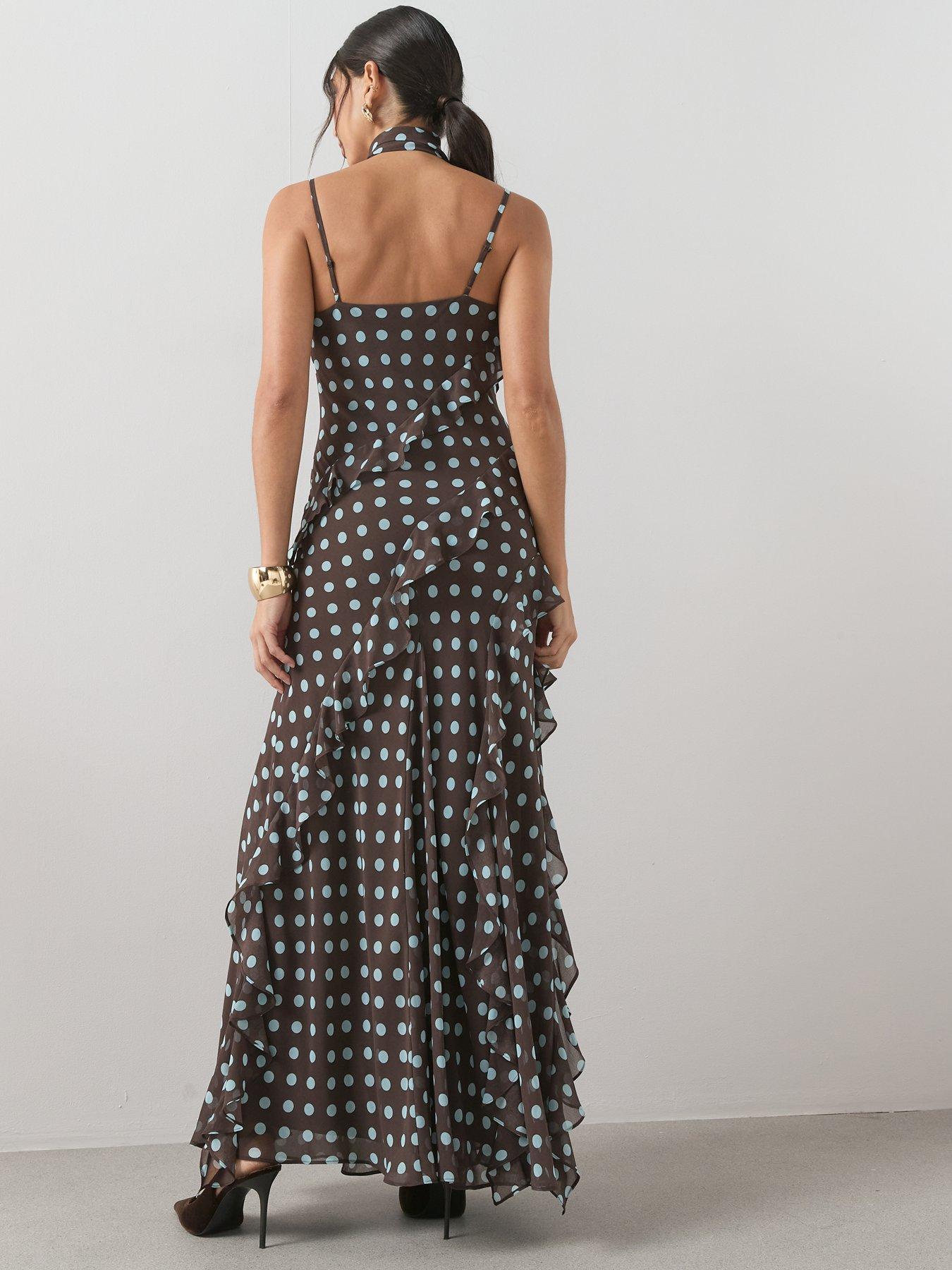 Image 2 of 7 of The Very Collection Polka Dot Scarf Detail Ruffle Maxi Dress - Print