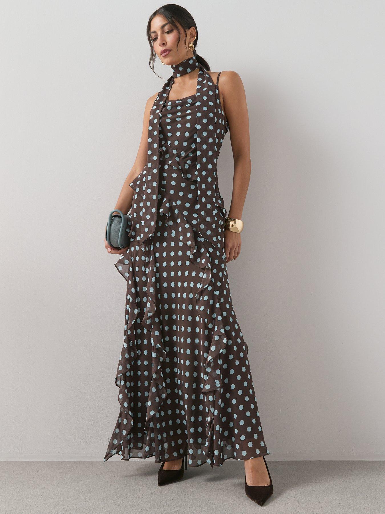 Image 3 of 7 of The Very Collection Polka Dot Scarf Detail Ruffle Maxi Dress - Print