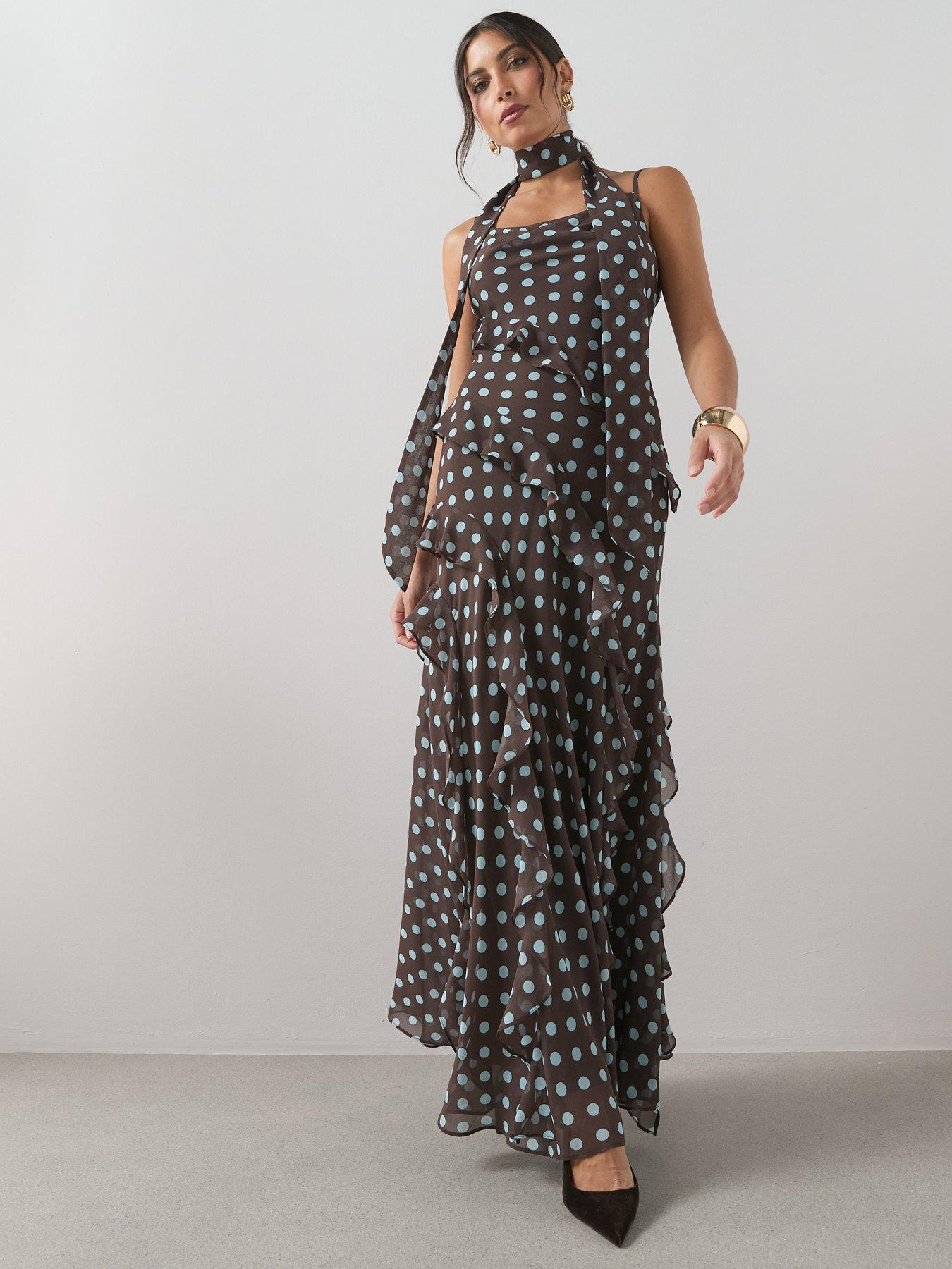Image 6 of 7 of The Very Collection Polka Dot Scarf Detail Ruffle Maxi Dress - Print