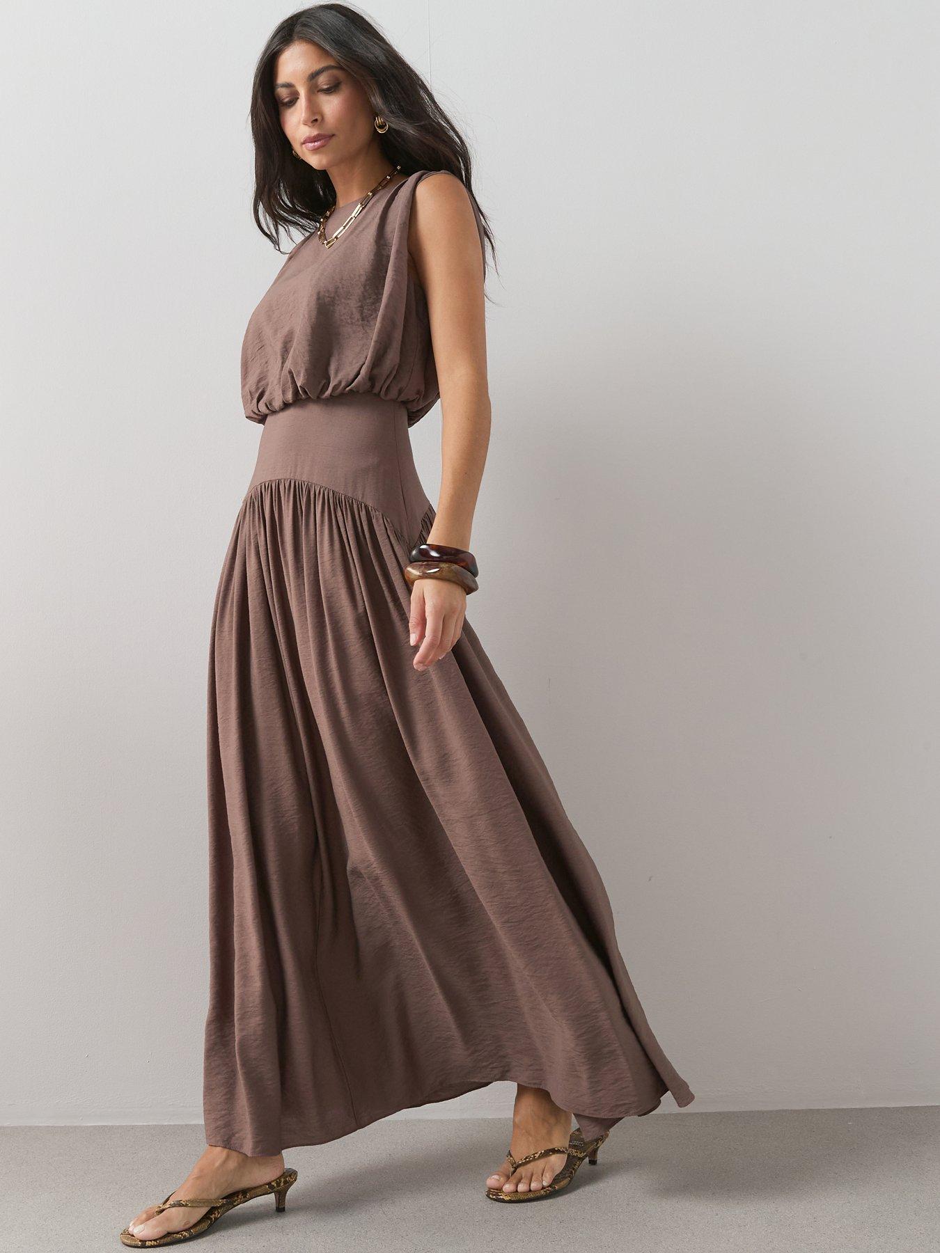 Image 1 of 6 of The Very Collection Blouson Waisted Midaxi Dress - Brown