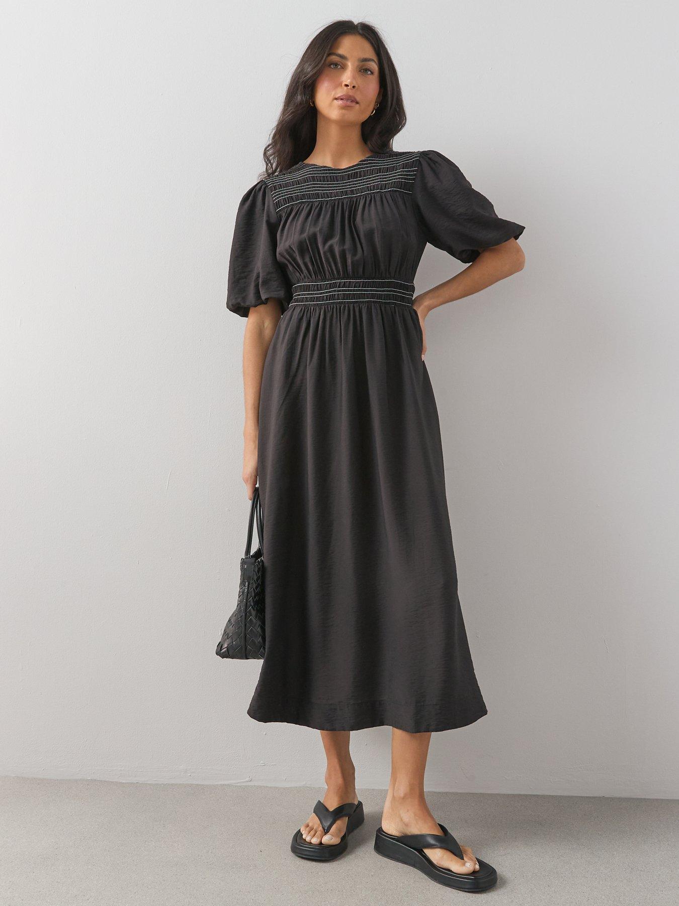 The Very Collection Shirred Detail Waisted Midi Dress - Black