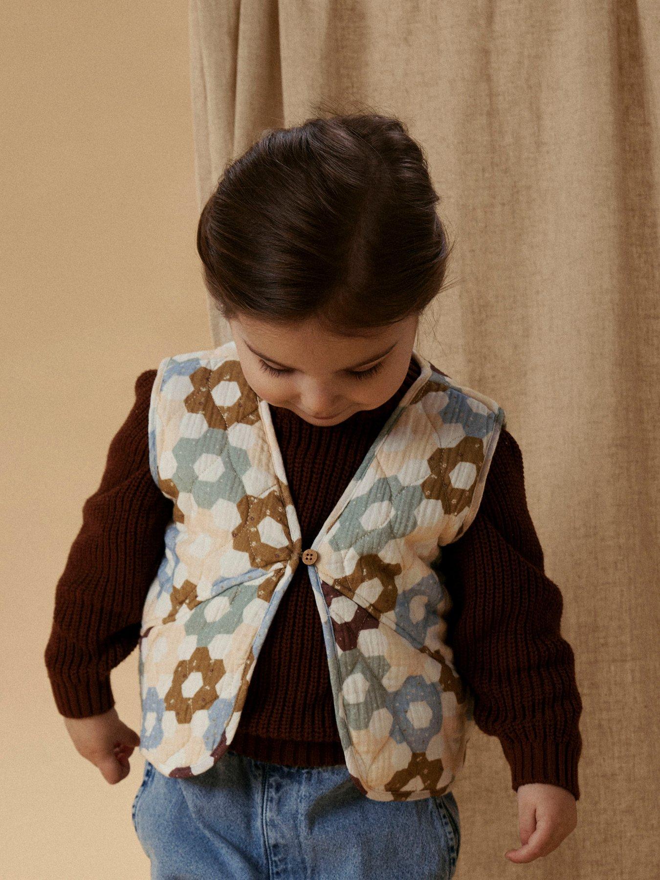 Image 1 of 5 of Lil Atelier Mini Girls Floral Quilted Gilet - Light Cream