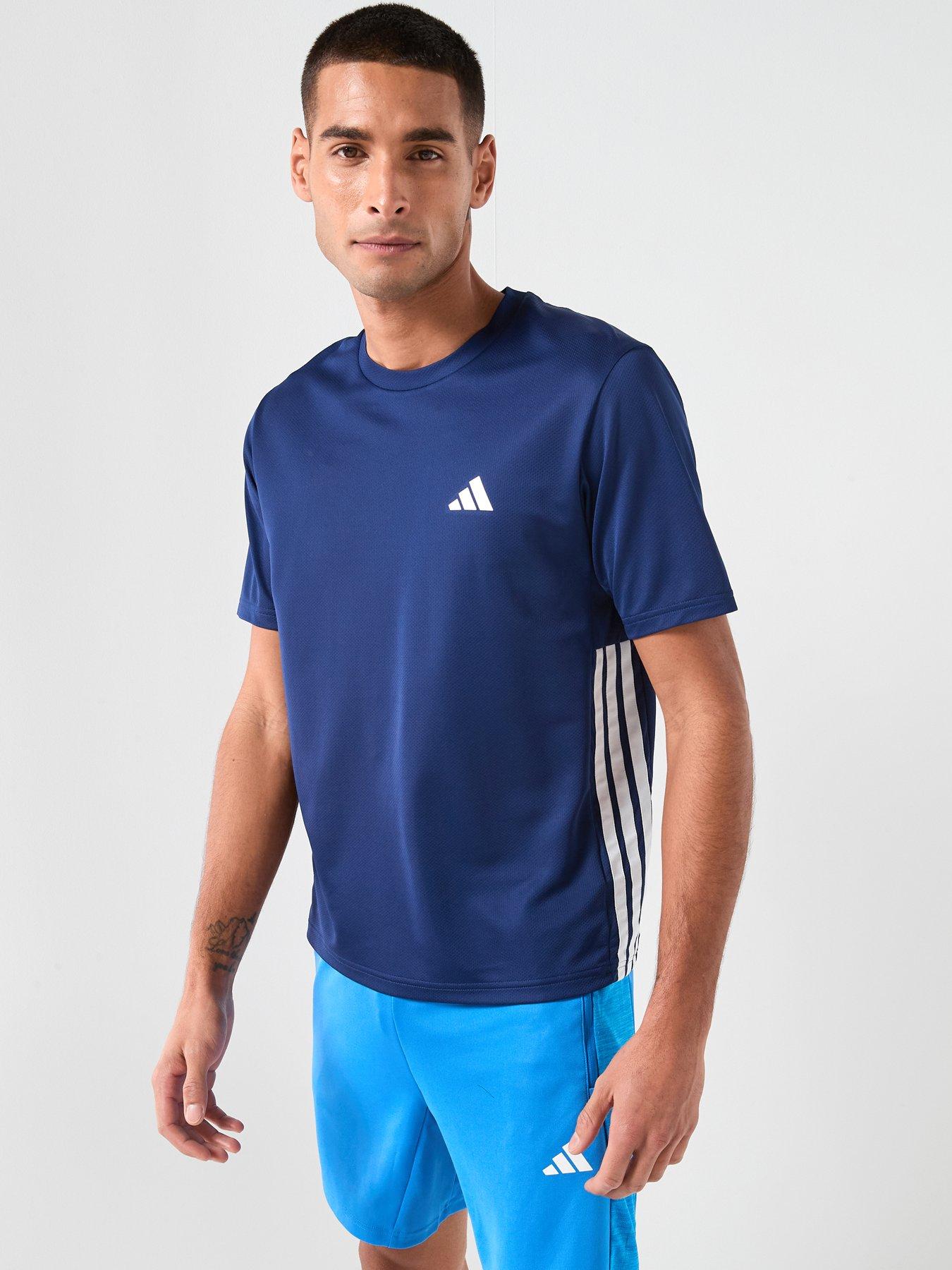 adidas Mens Training Workout Essentials Base 3-Stripe T-Shirt - Blue