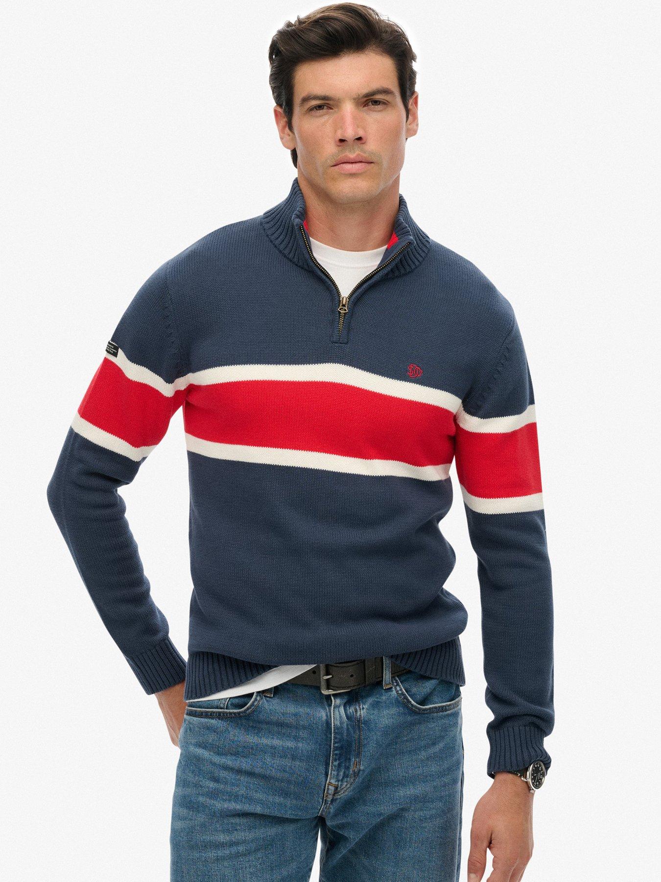 Superdry Cotton Stripe Knitted Half Zip Jumper, Navy, Size Xl, Men