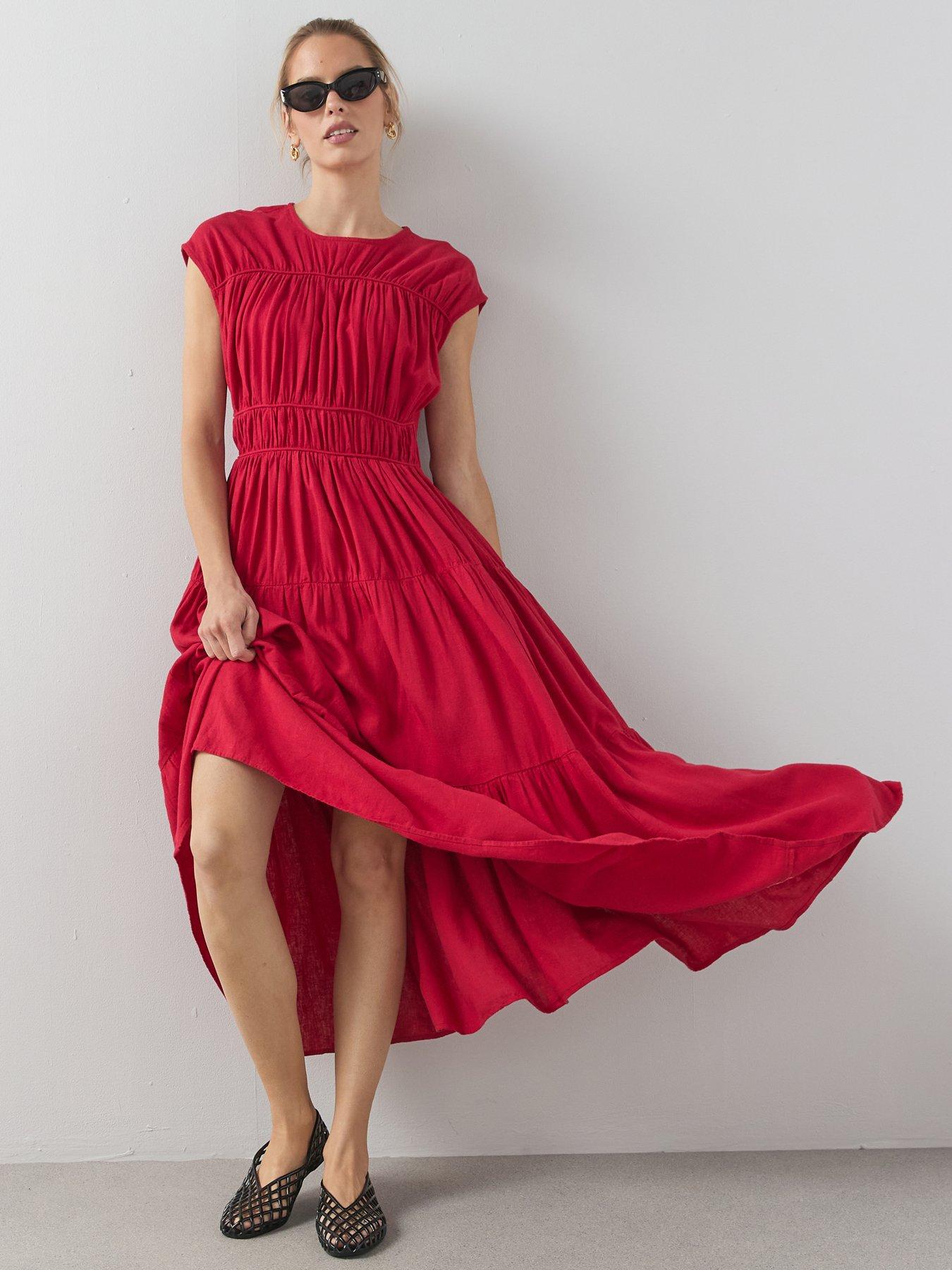 strapless open back dress Bold Red Valentine Midi Dress with Straps for Women by Home of Emily