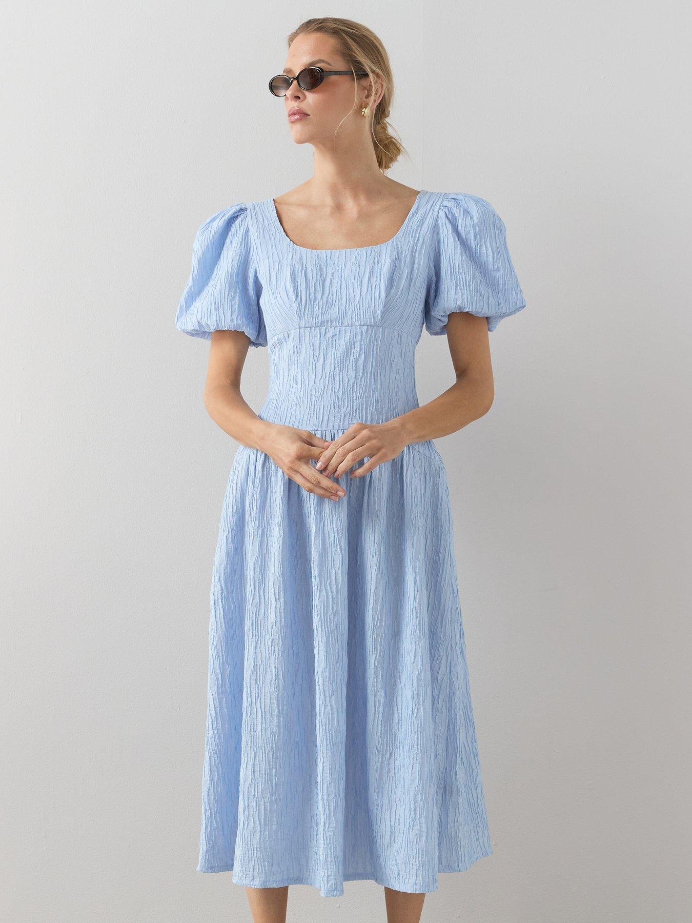 The Very Collection Textured Curve Seam Puff Sleeve Midi Dress - Blue