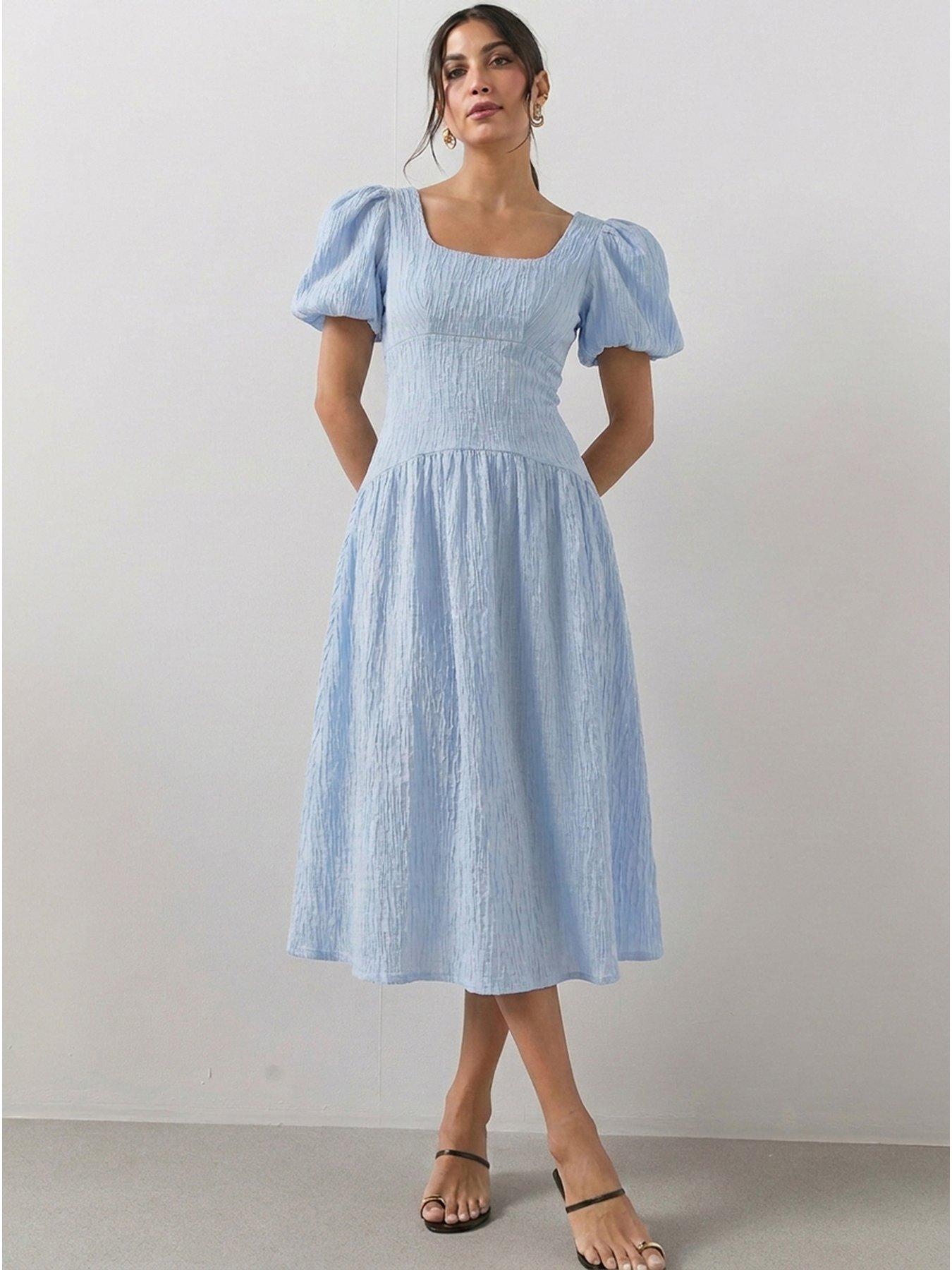 Image 1 of 6 of The Very Collection Textured Curve Seam Puff Sleeve Midi Dress - Blue