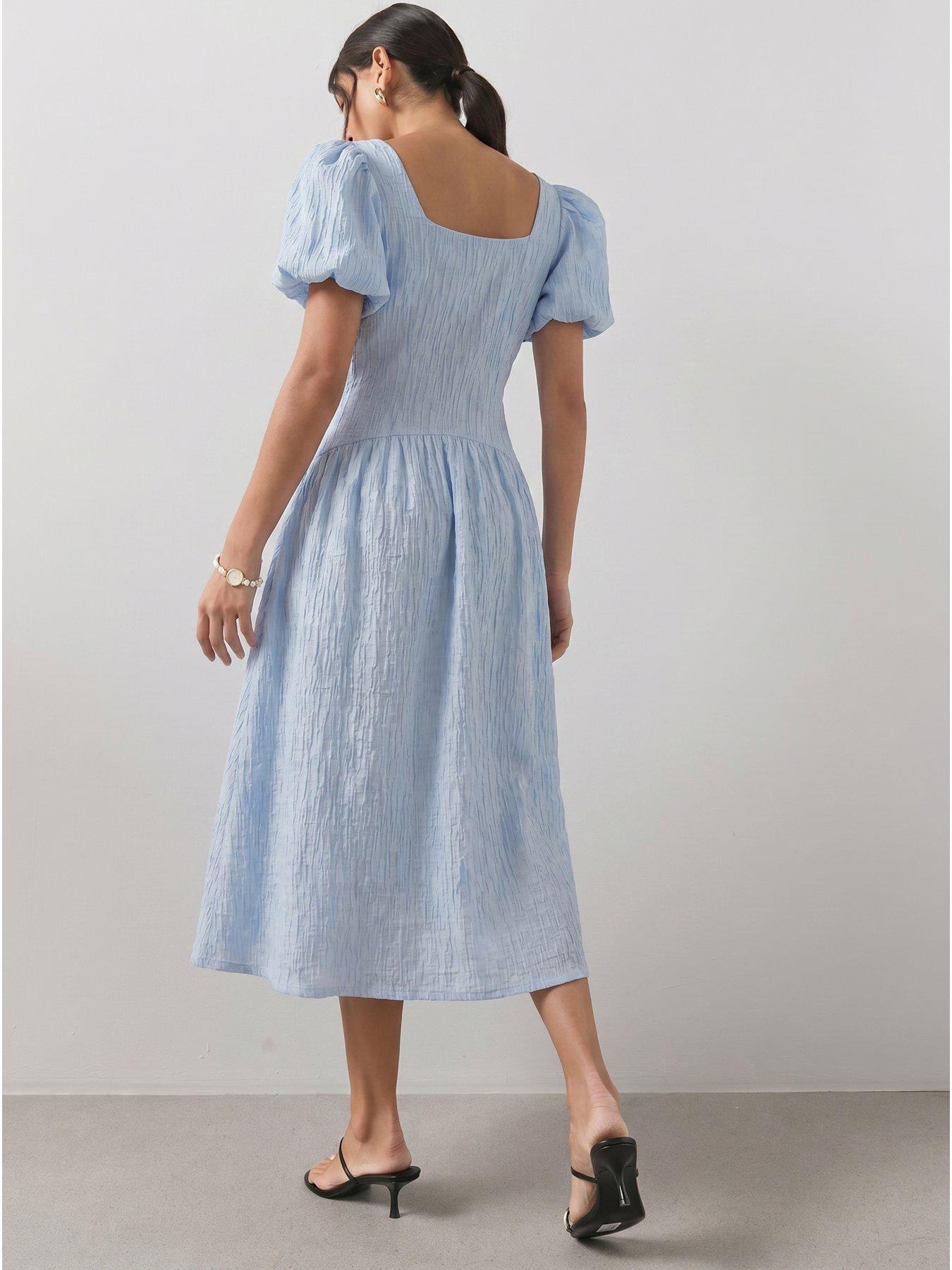 Image 2 of 6 of The Very Collection Textured Curve Seam Puff Sleeve Midi Dress - Blue