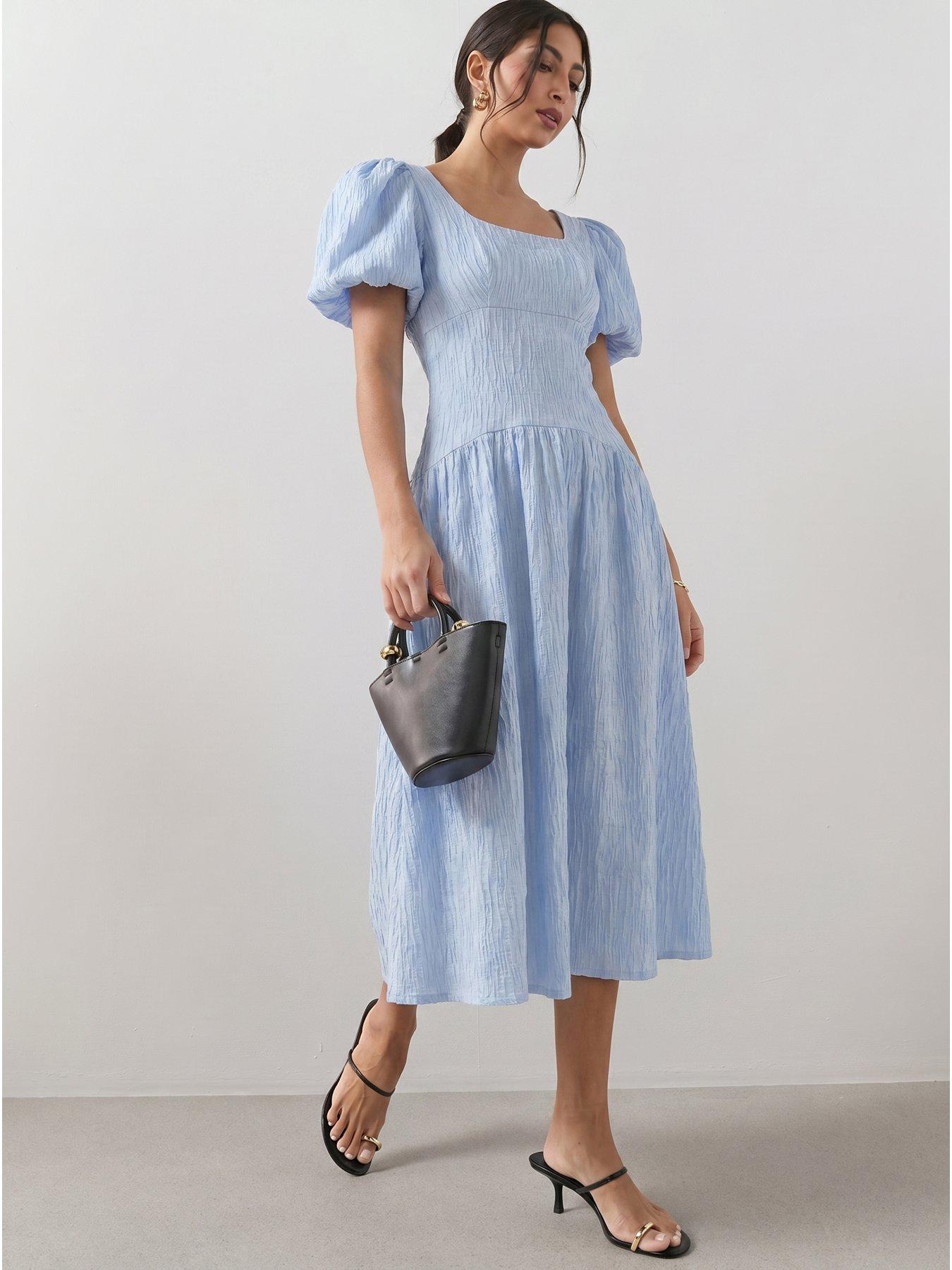 Image 3 of 6 of The Very Collection Textured Curve Seam Puff Sleeve Midi Dress - Blue
