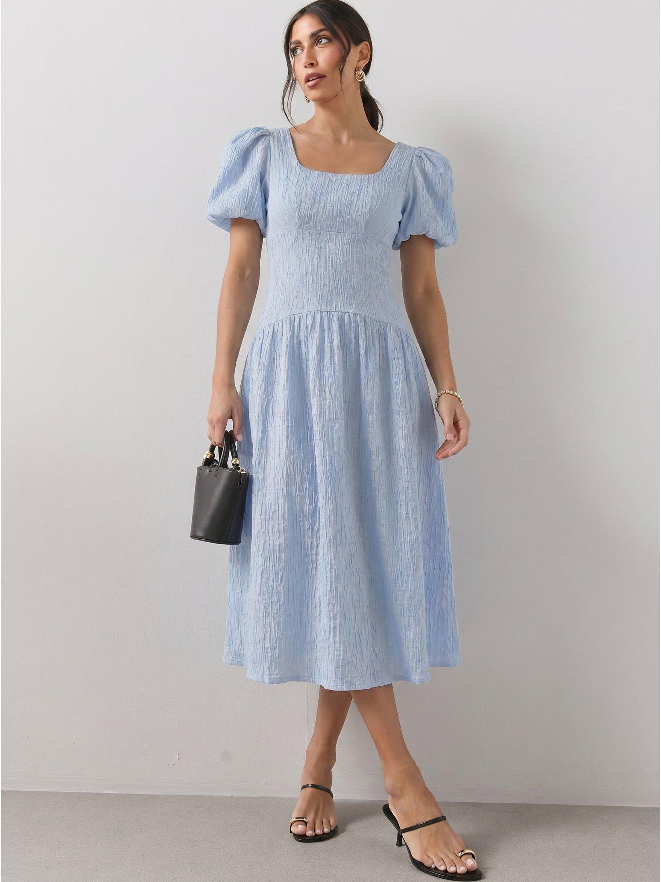 Image 4 of 6 of The Very Collection Textured Curve Seam Puff Sleeve Midi Dress - Blue