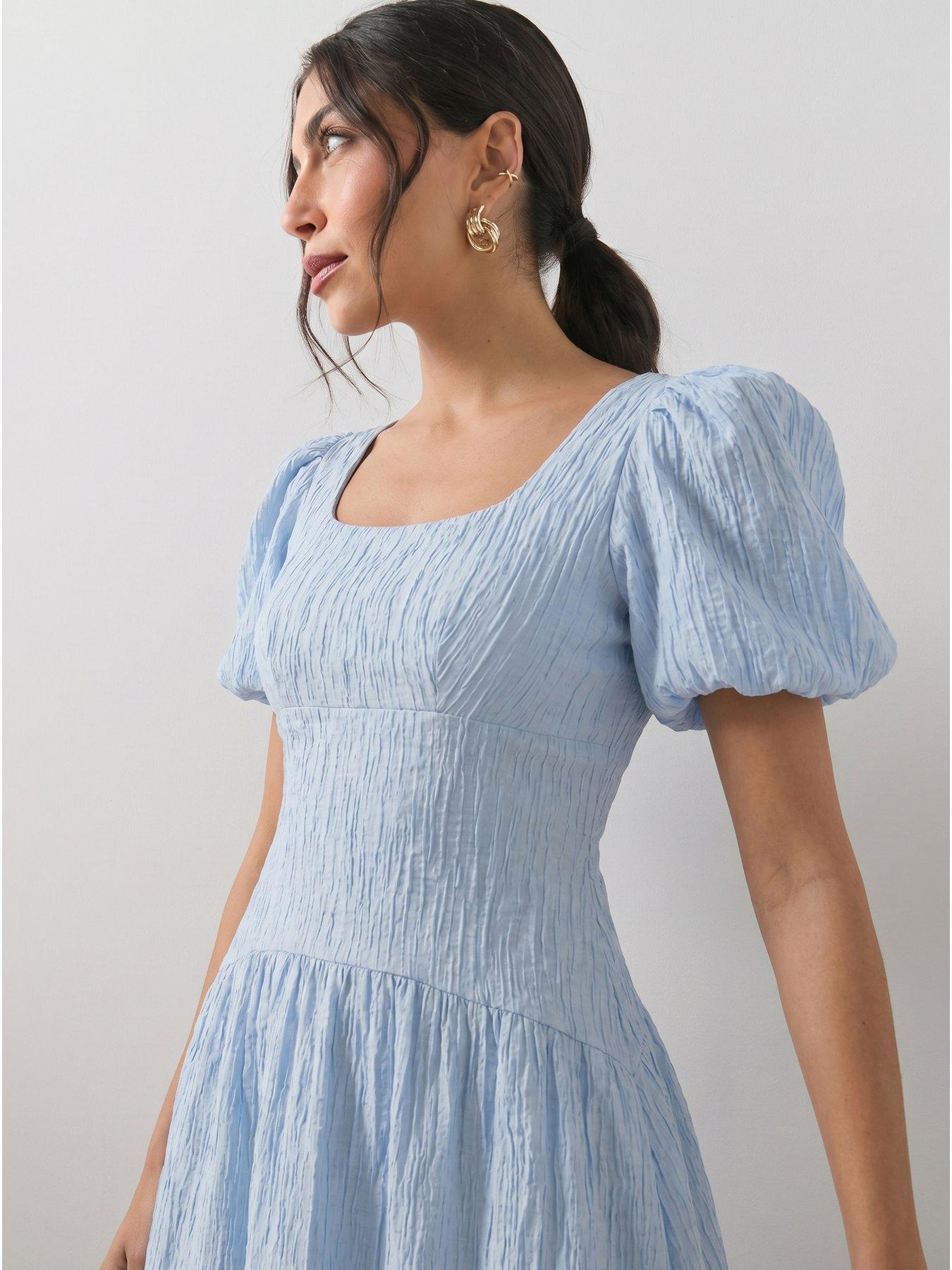 Image 5 of 6 of The Very Collection Textured Curve Seam Puff Sleeve Midi Dress - Blue