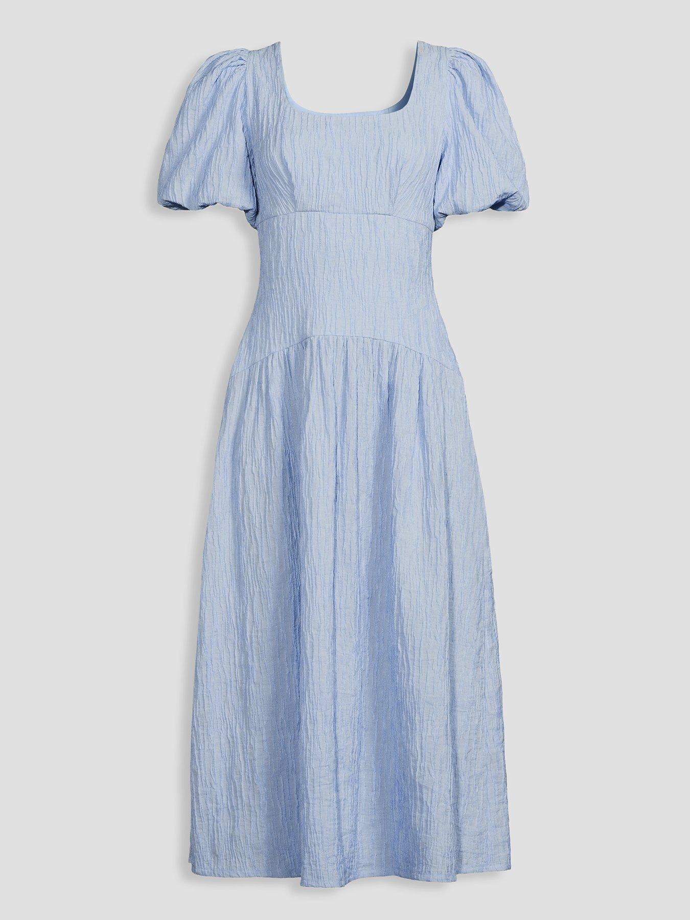 Image 6 of 6 of The Very Collection Textured Curve Seam Puff Sleeve Midi Dress - Blue