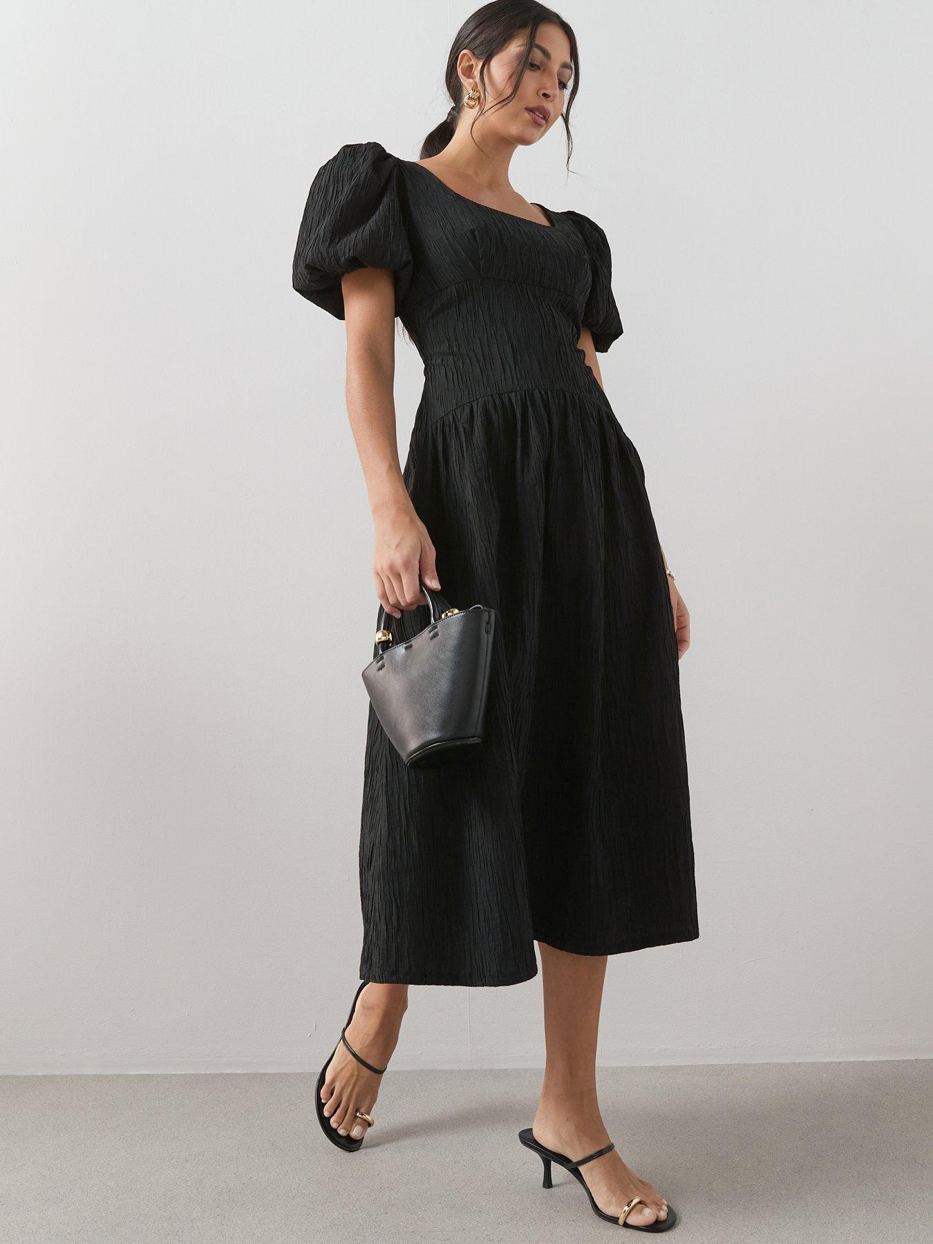 The Very Collection: Textured Curve Seam Puff Sleeve Midi Dress - Black