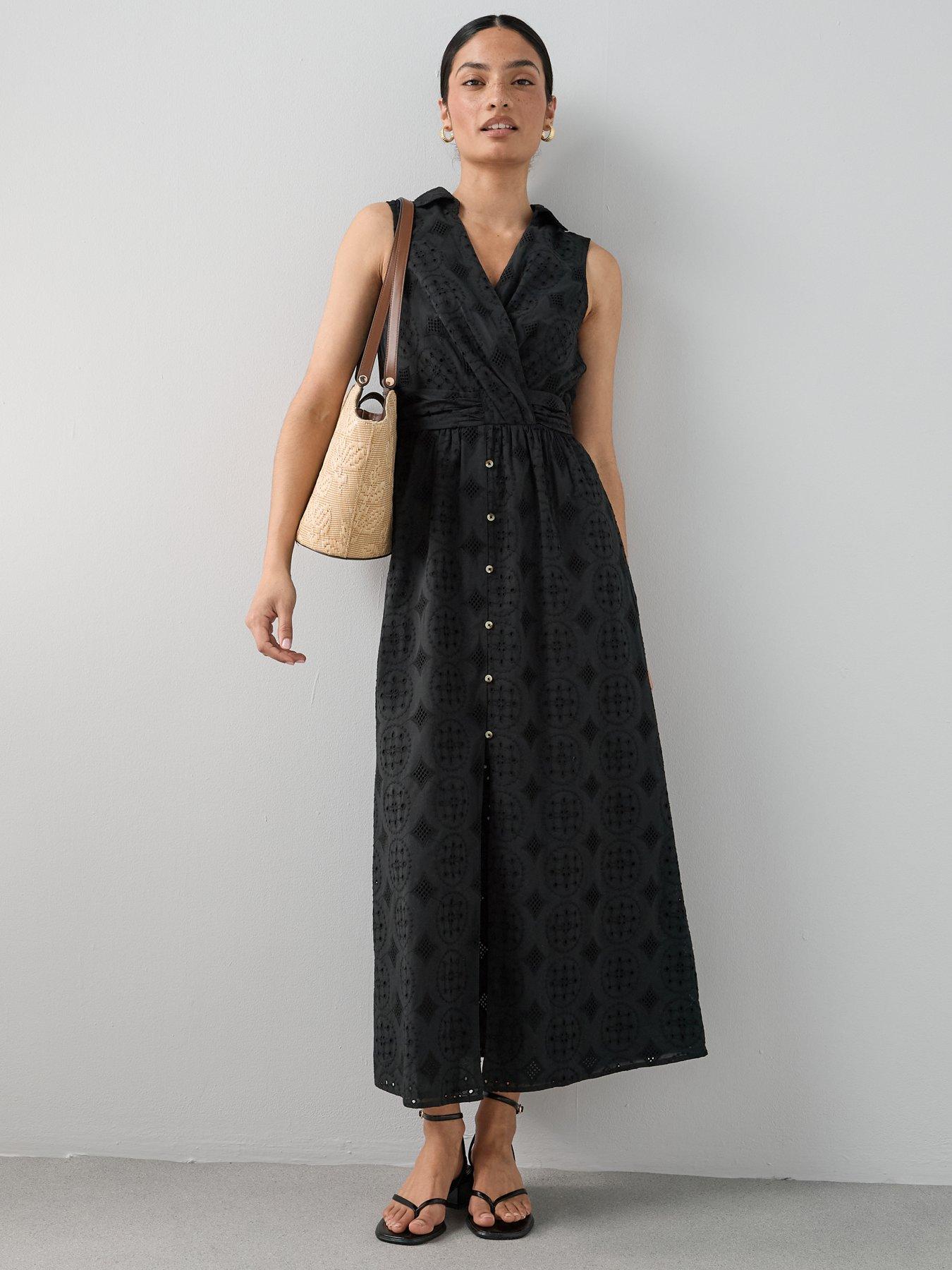 The Very Collection Broderie Sleeveless Tuck Midaxi Dress - Black