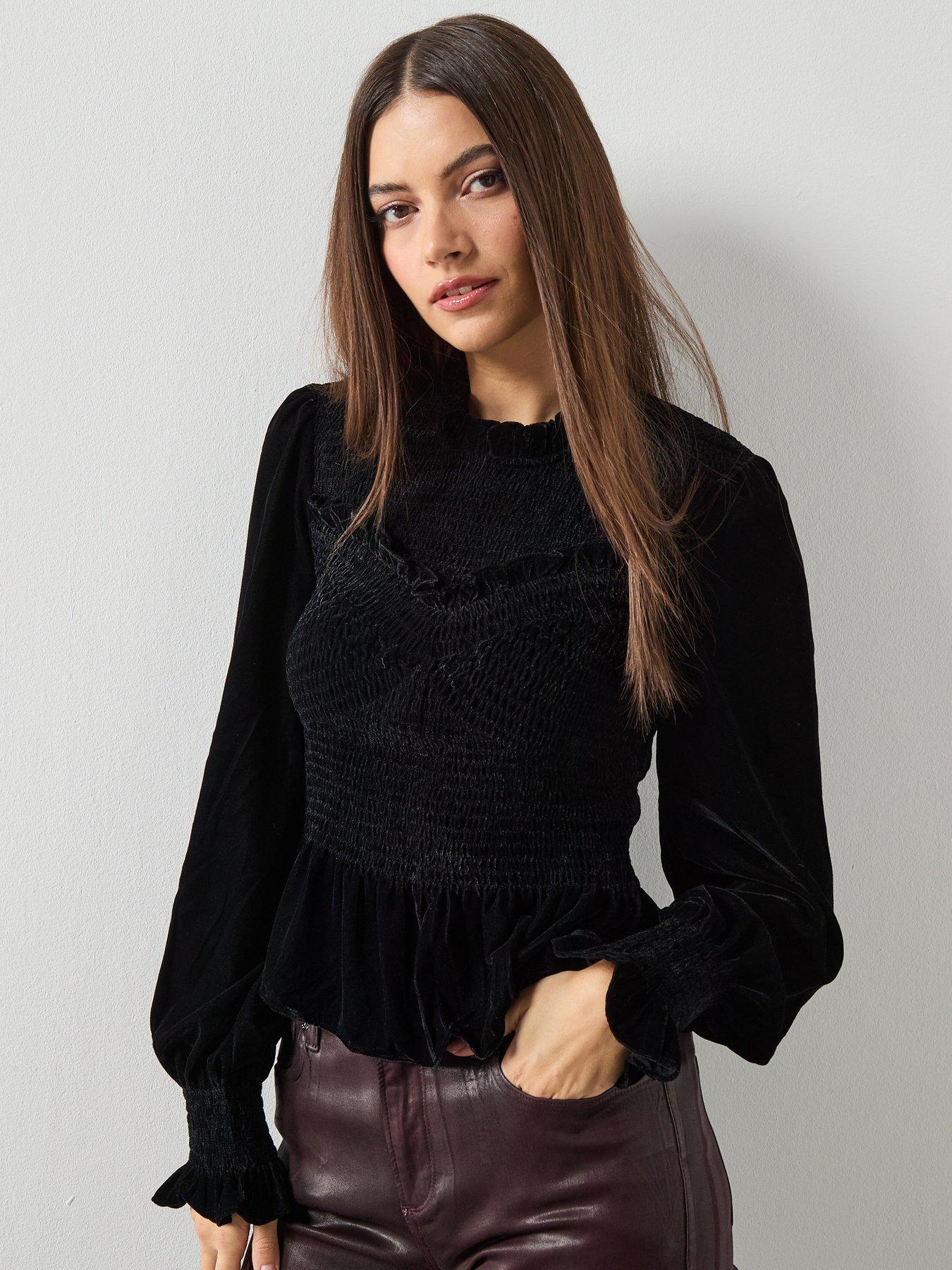AllSaints Juno Shirred Top, Black, Size 16, Women