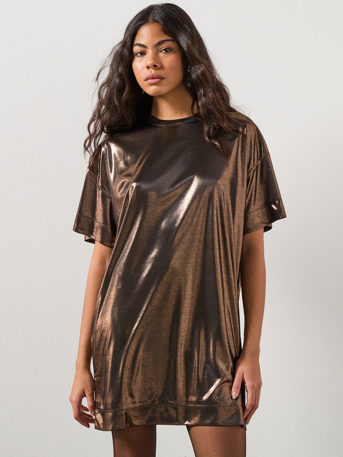 AllSaints: Sparkle T-Shirt Dress - Gold