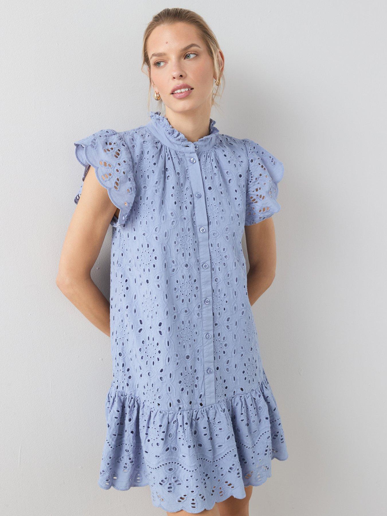 The Very Collection Broderie High Neck Button Mini Dress - Blue