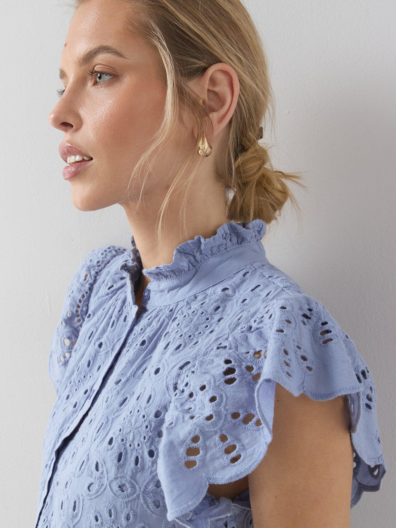 The Very Collection Broderie High Neck Button Mini Dress - Blue | Very