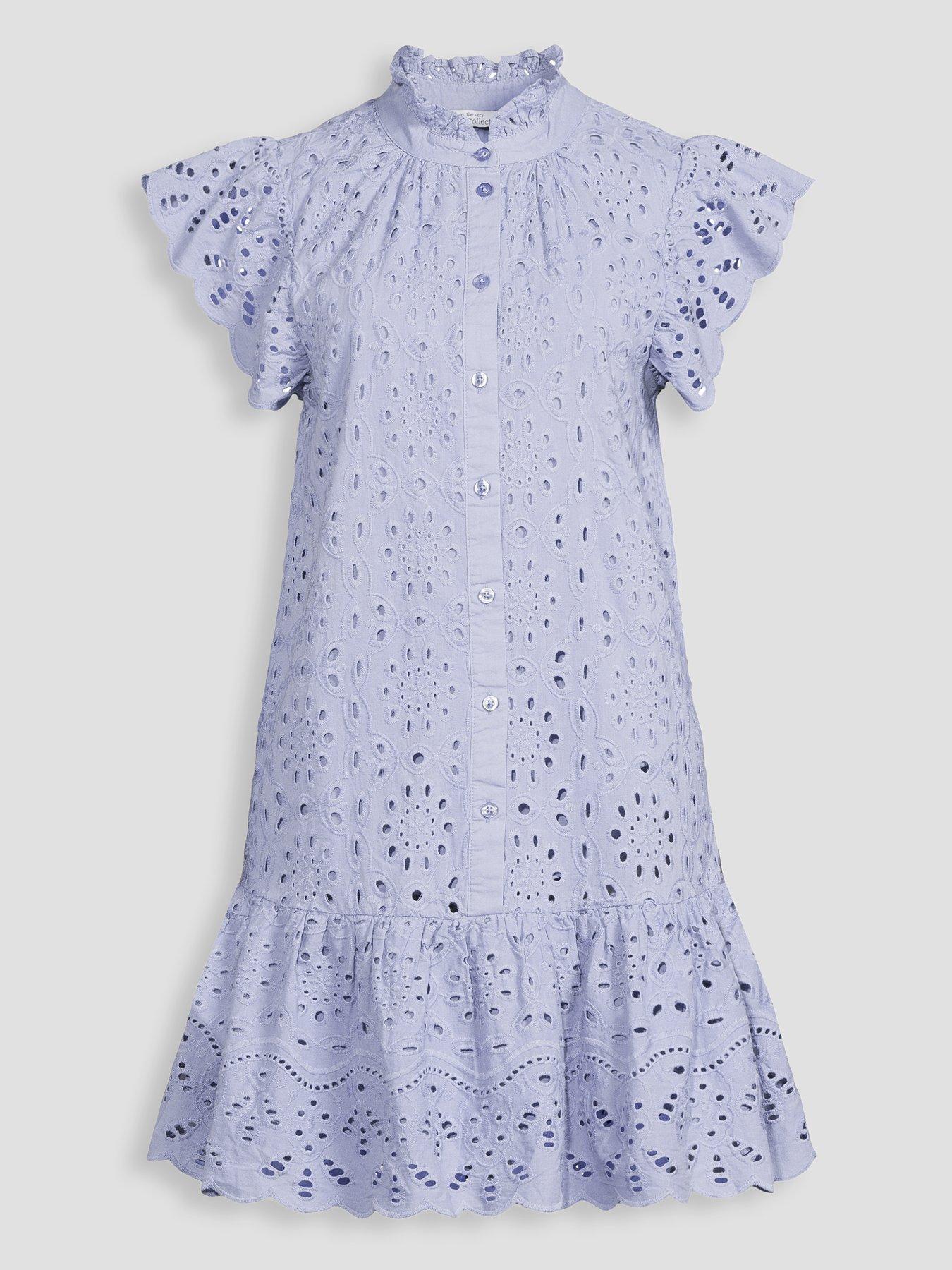 The Very Collection Broderie High Neck Button Mini Dress - Blue | Very