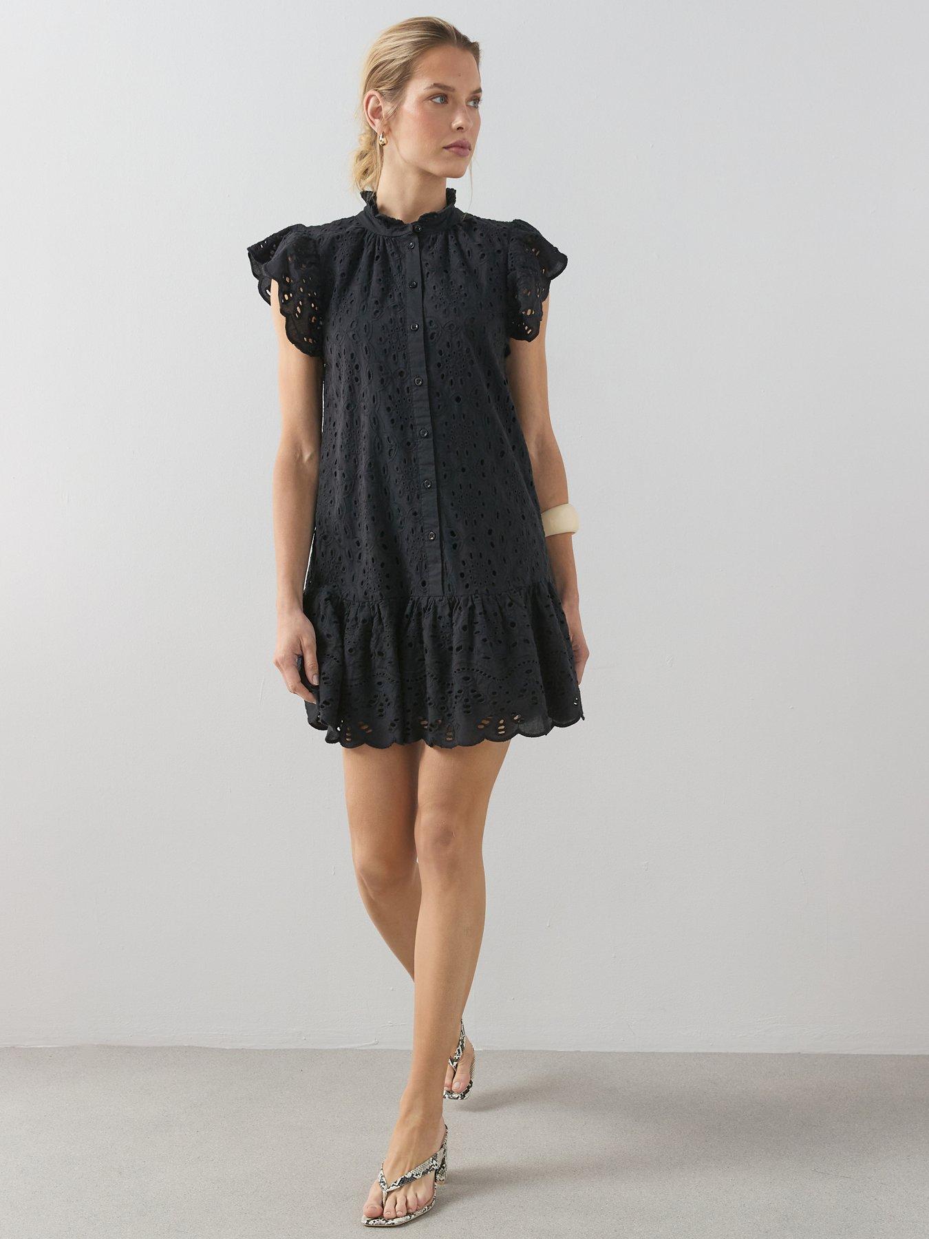 The Very Collection Broderie High Neck Button Mini Dress - Black