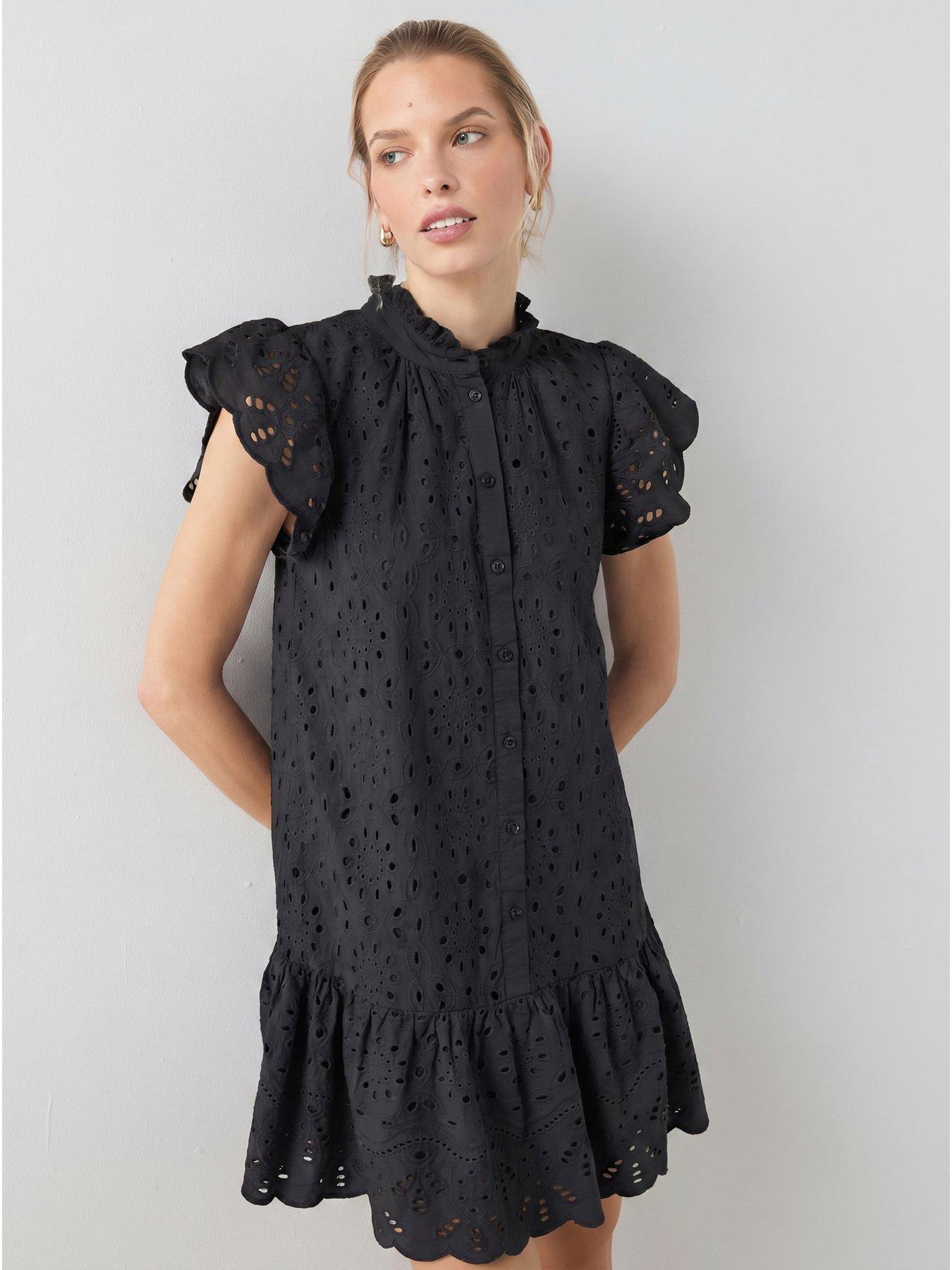 The Very Collection Broderie High Neck Button Mini Dress - Black | Very