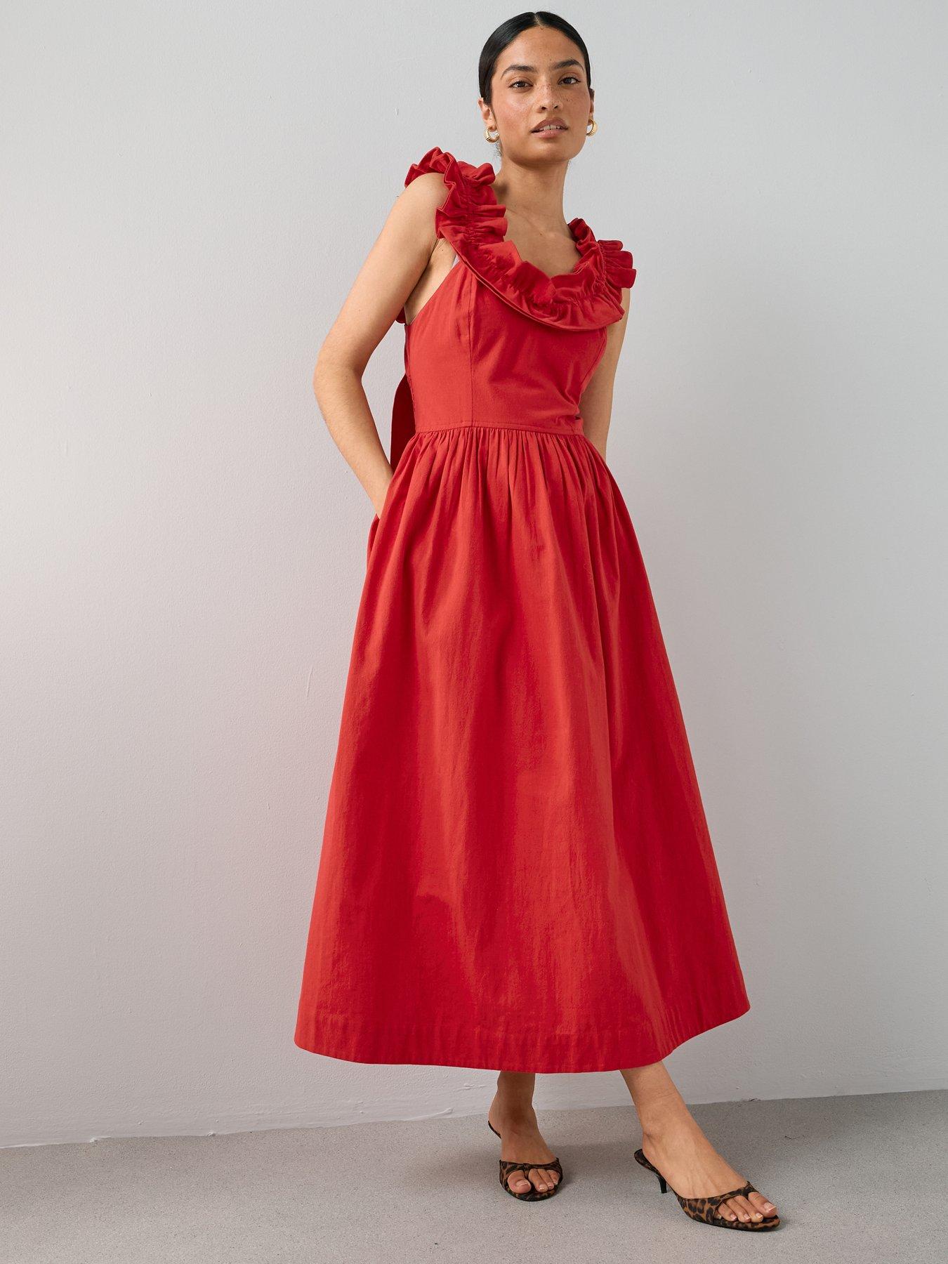 Image 1 of 7 of The Very Collection Ruffle Strap Detail Midaxi Dress - Red