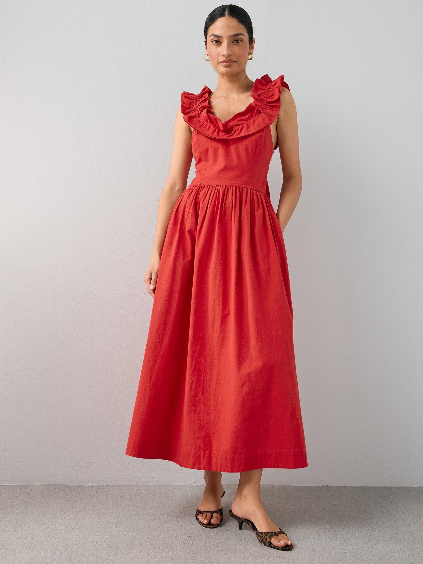 Image 3 of 7 of The Very Collection Ruffle Strap Detail Midaxi Dress - Red