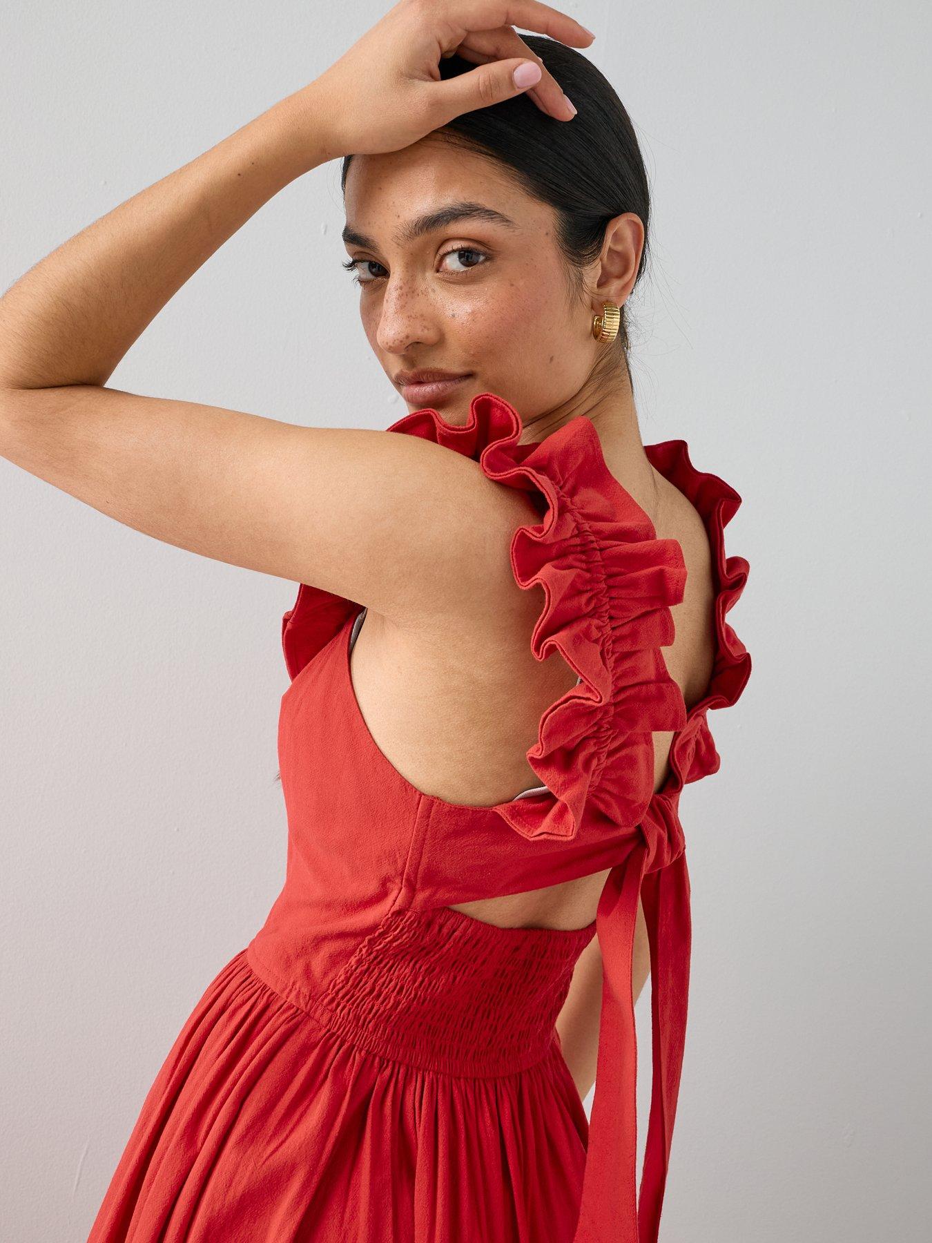 Image 4 of 7 of The Very Collection Ruffle Strap Detail Midaxi Dress - Red
