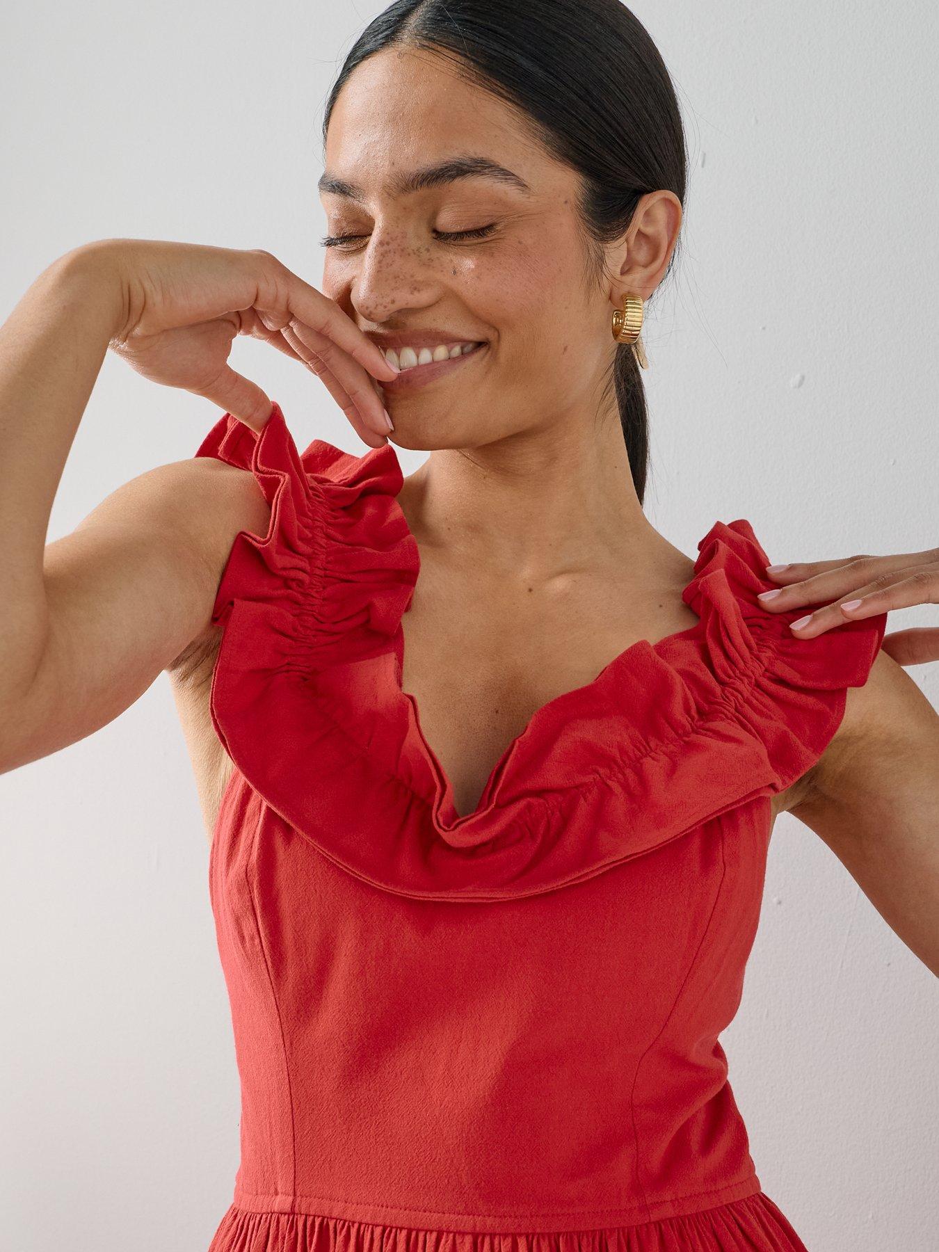 Image 5 of 7 of The Very Collection Ruffle Strap Detail Midaxi Dress - Red