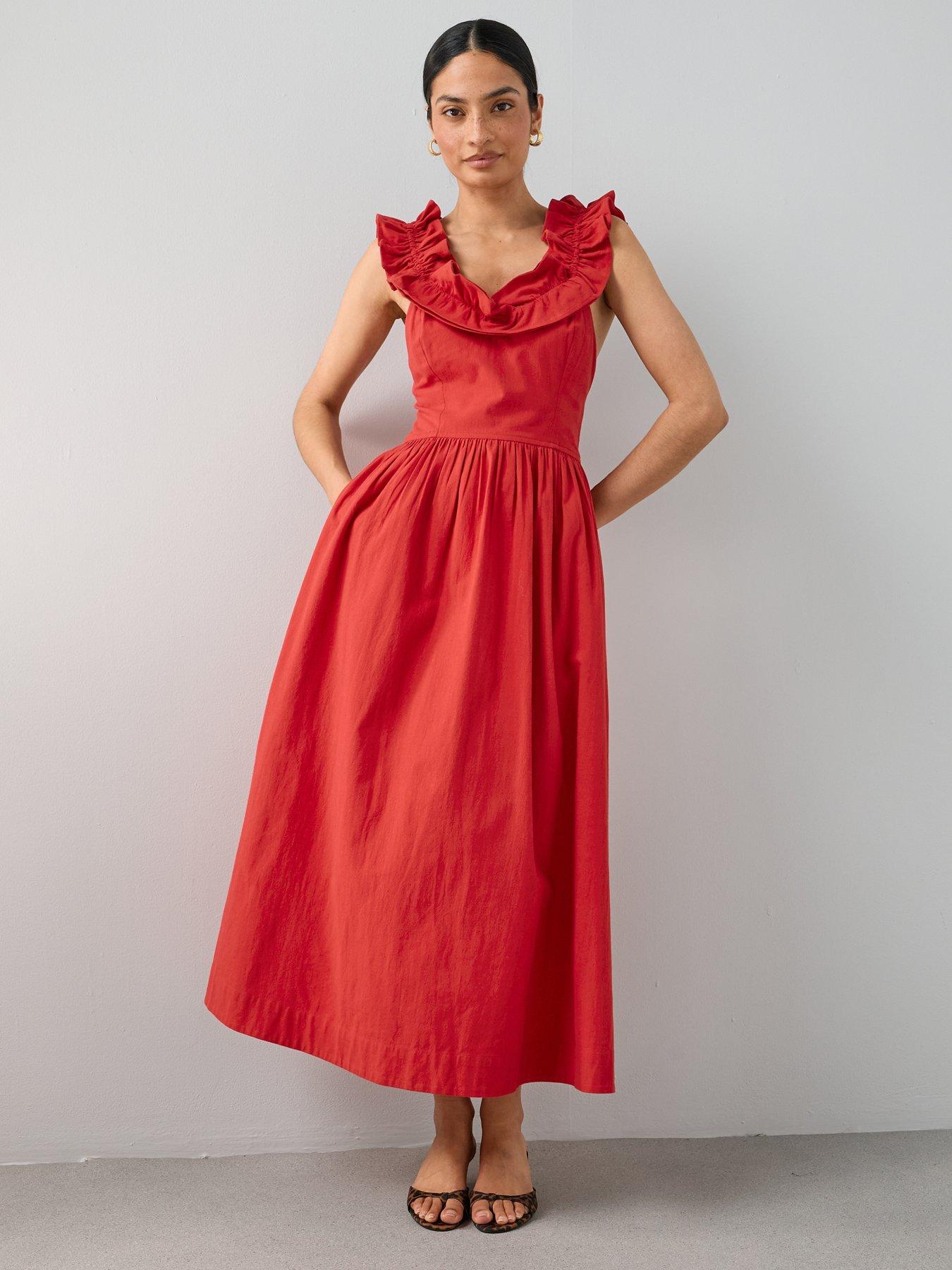 Image 6 of 7 of The Very Collection Ruffle Strap Detail Midaxi Dress - Red