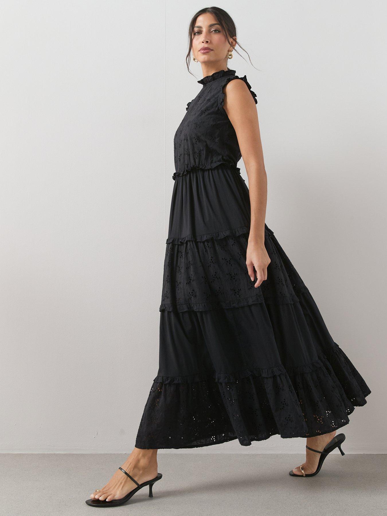 The Very Collection Broderie Mix Frill Detail Midaxi Dress - Black