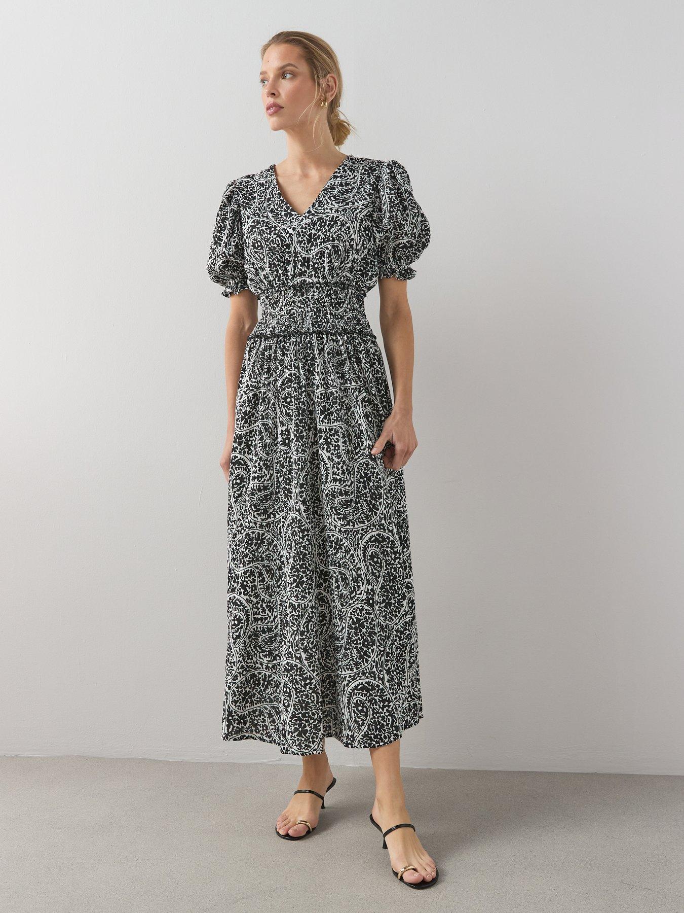 The Very Collection Cheesecloth V Neck Ruched Waist Midi Dress - Print