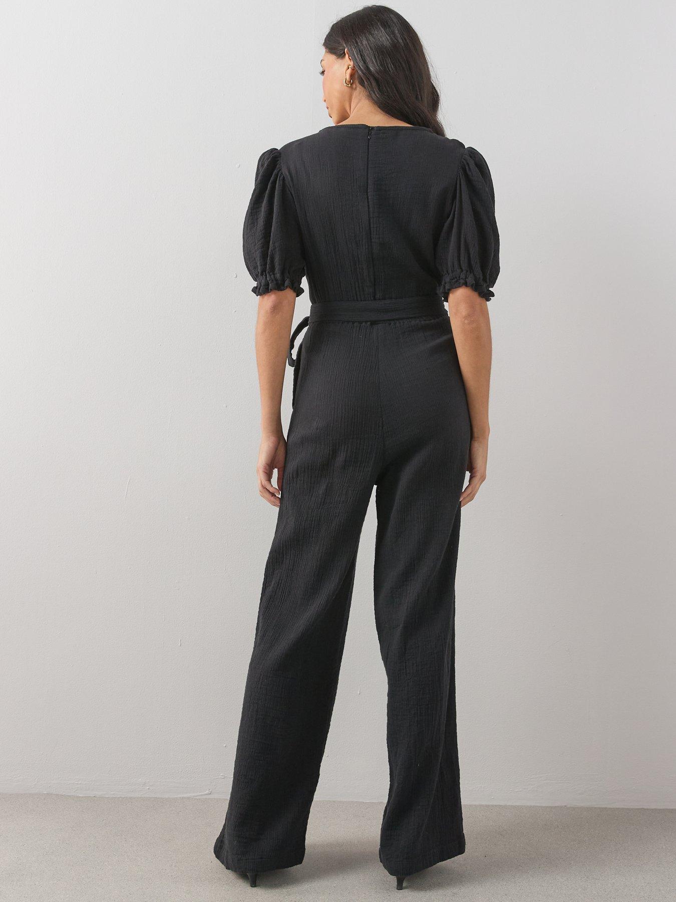 Image 2 of 6 of The Very Collection Cheese Cloth Puff Sleeve Belted Jumpsuit - Black