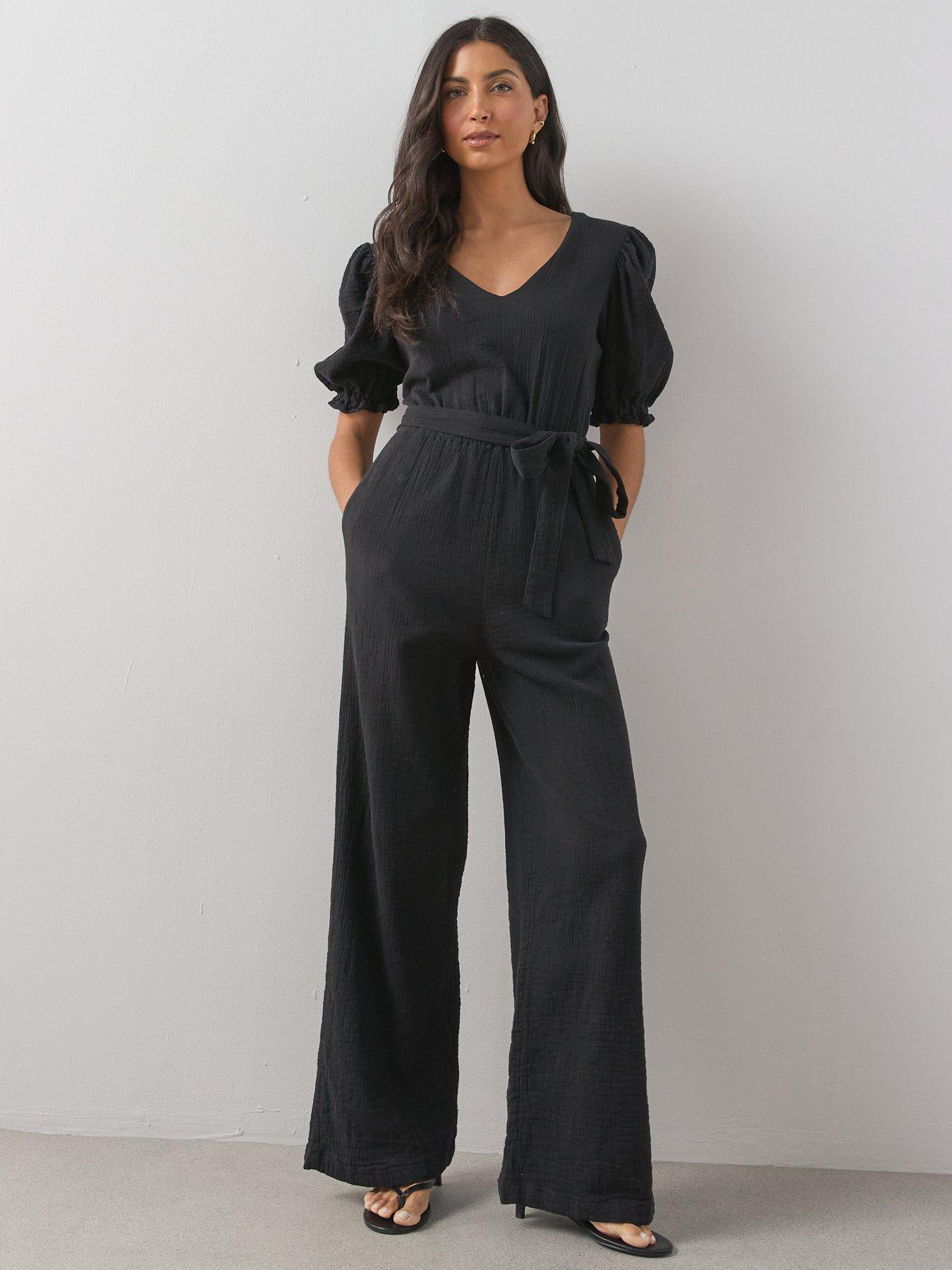 Image 3 of 6 of The Very Collection Cheese Cloth Puff Sleeve Belted Jumpsuit - Black