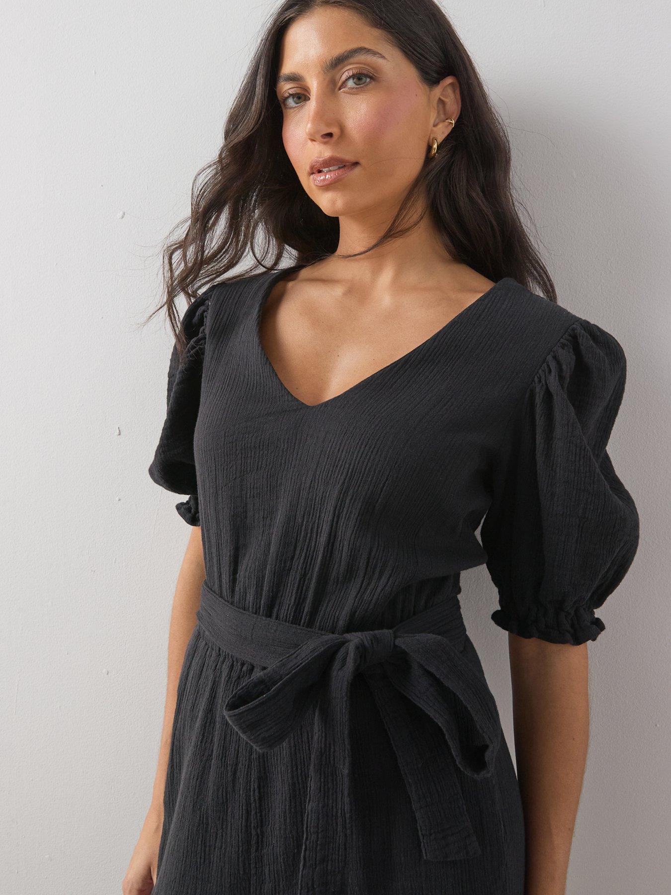 Image 4 of 6 of The Very Collection Cheese Cloth Puff Sleeve Belted Jumpsuit - Black