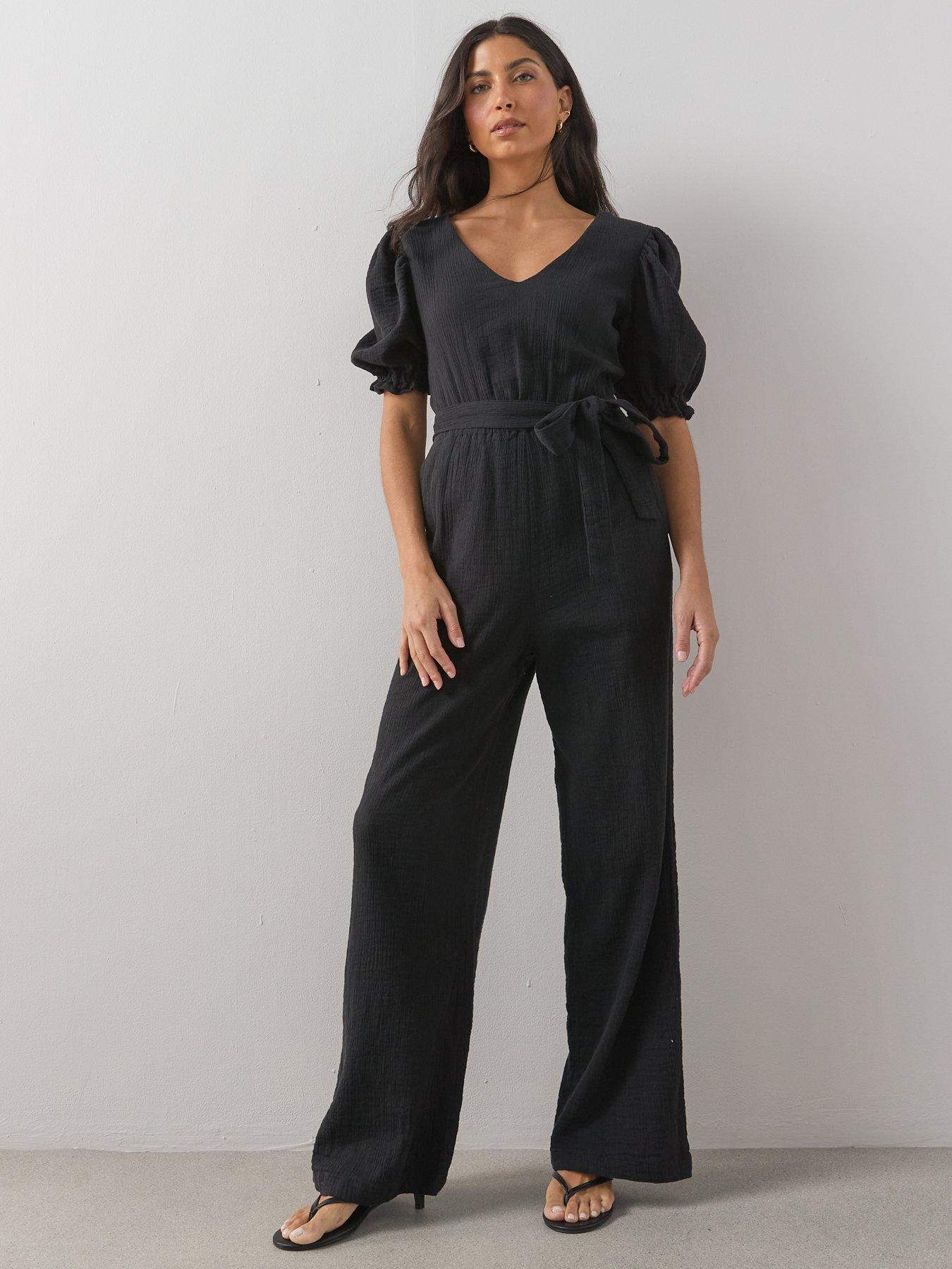Image 5 of 6 of The Very Collection Cheese Cloth Puff Sleeve Belted Jumpsuit - Black