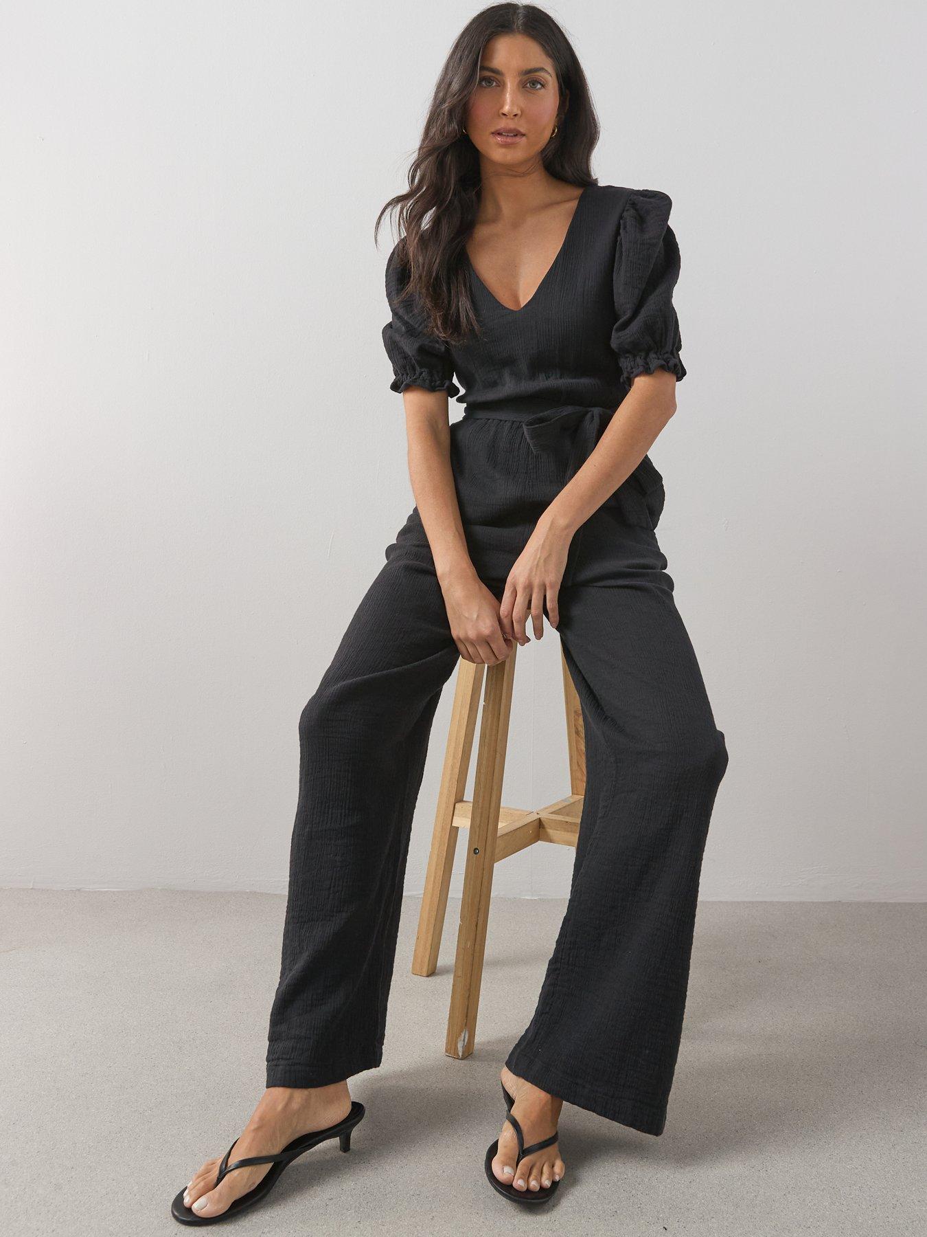 Image 6 of 6 of The Very Collection Cheese Cloth Puff Sleeve Belted Jumpsuit - Black