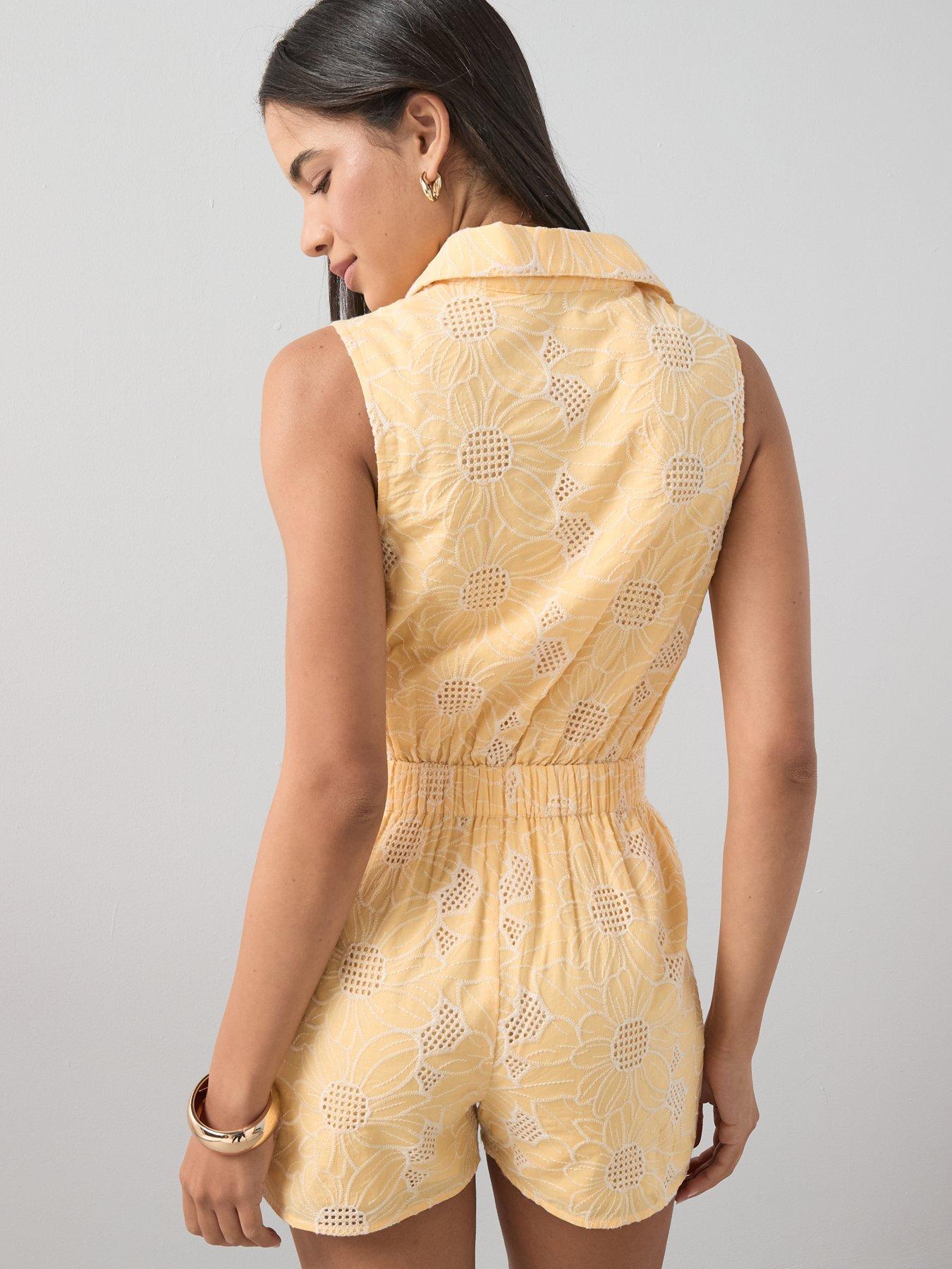 Image 2 of 7 of The Very Collection Broderie Tie Front Playsuit - Yellow